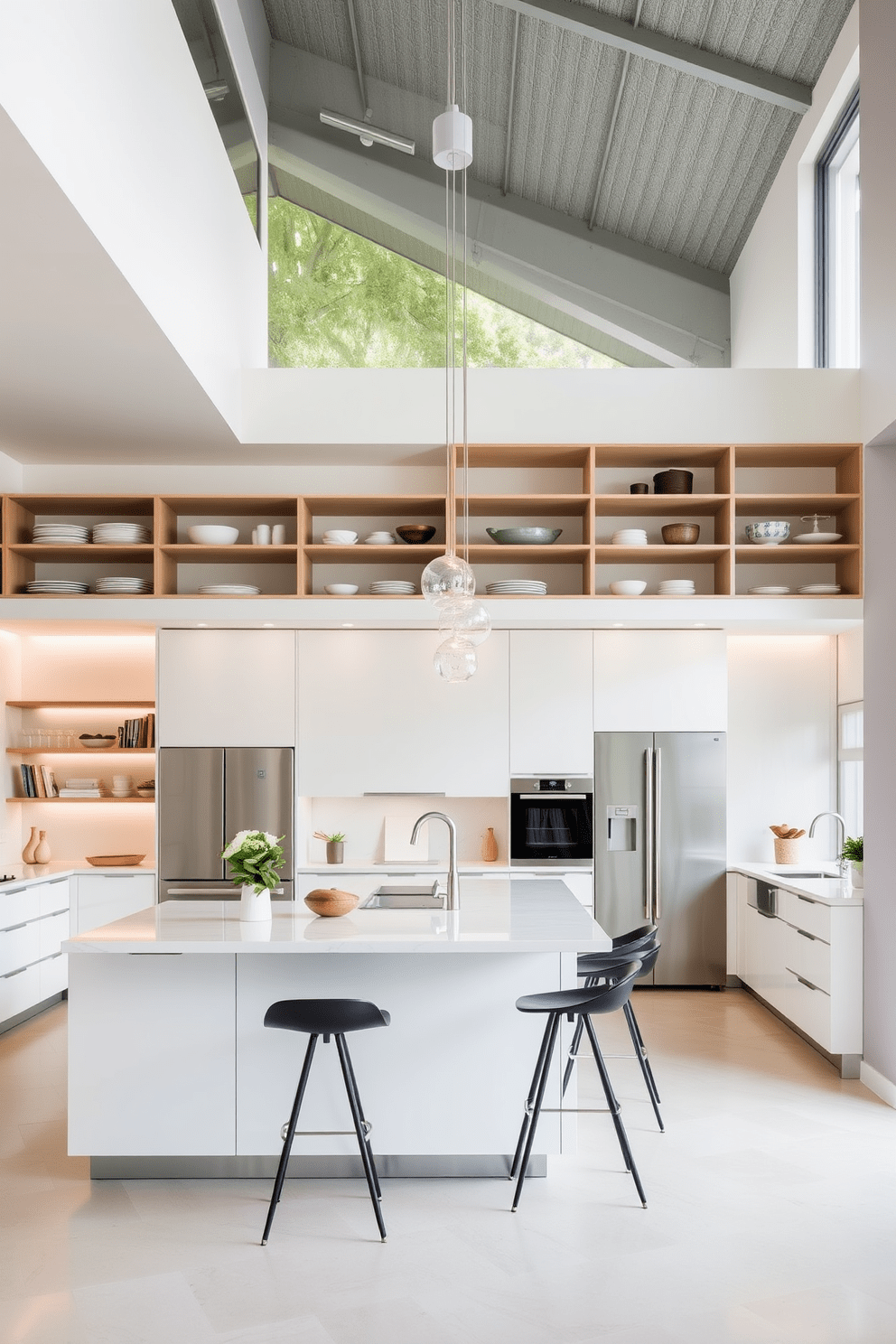 A modern open kitchen featuring sleek open shelves for easy access and display of kitchenware. The space is bright and airy with a large island in the center, complemented by stylish bar stools and pendant lighting overhead.