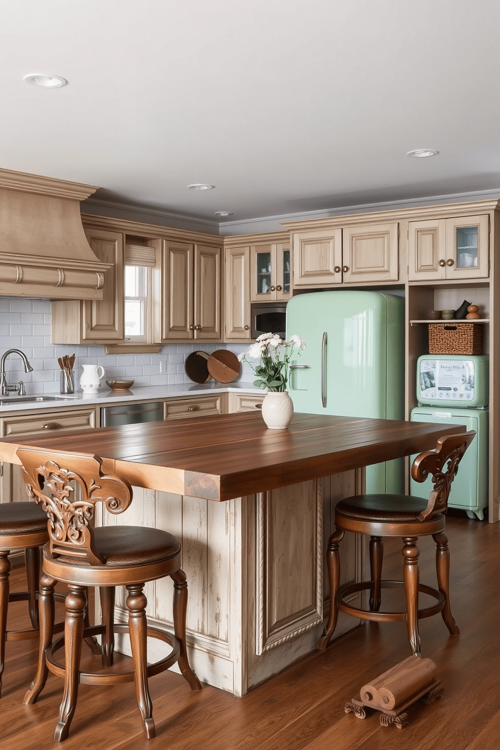 A spacious open kitchen featuring vintage elements that add character. The kitchen island is topped with reclaimed wood and surrounded by antique bar stools with intricate carvings. The cabinetry showcases a distressed finish, complemented by brass hardware for a timeless appeal. A retro-style refrigerator in a pastel color stands proudly against the wall, adding a pop of charm.