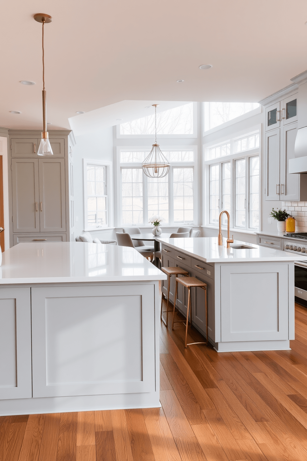 A spacious open kitchen featuring a large island with a white quartz countertop and sleek bar stools. The cabinetry is painted in soft gray, complemented by brass hardware and a stylish backsplash of white subway tiles. Natural light floods the space through large windows, highlighting the warm wood tones of the flooring. A cozy breakfast nook with a round table and upholstered chairs is nestled in one corner, creating an inviting atmosphere.