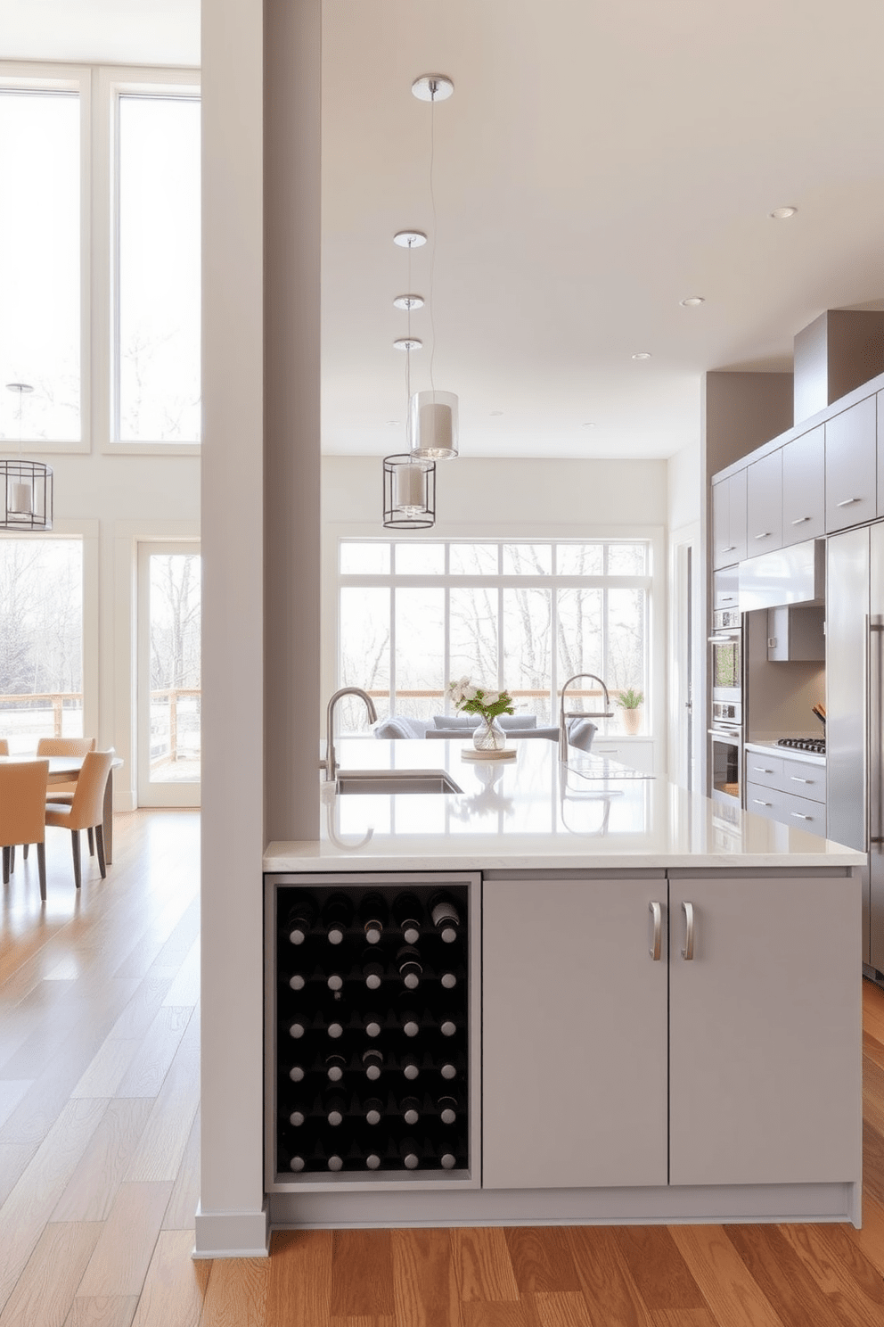 An open kitchen design featuring a spacious layout with an island that serves as a central gathering point. The cabinetry is sleek and modern, finished in a soft gray tone, complemented by a white quartz countertop. Incorporated into the design is a stylish wine rack, seamlessly integrated into the cabinetry for functionality and aesthetic appeal. Large windows allow natural light to flood the space, highlighting the warm wood tones of the flooring and the contemporary lighting fixtures above the island.