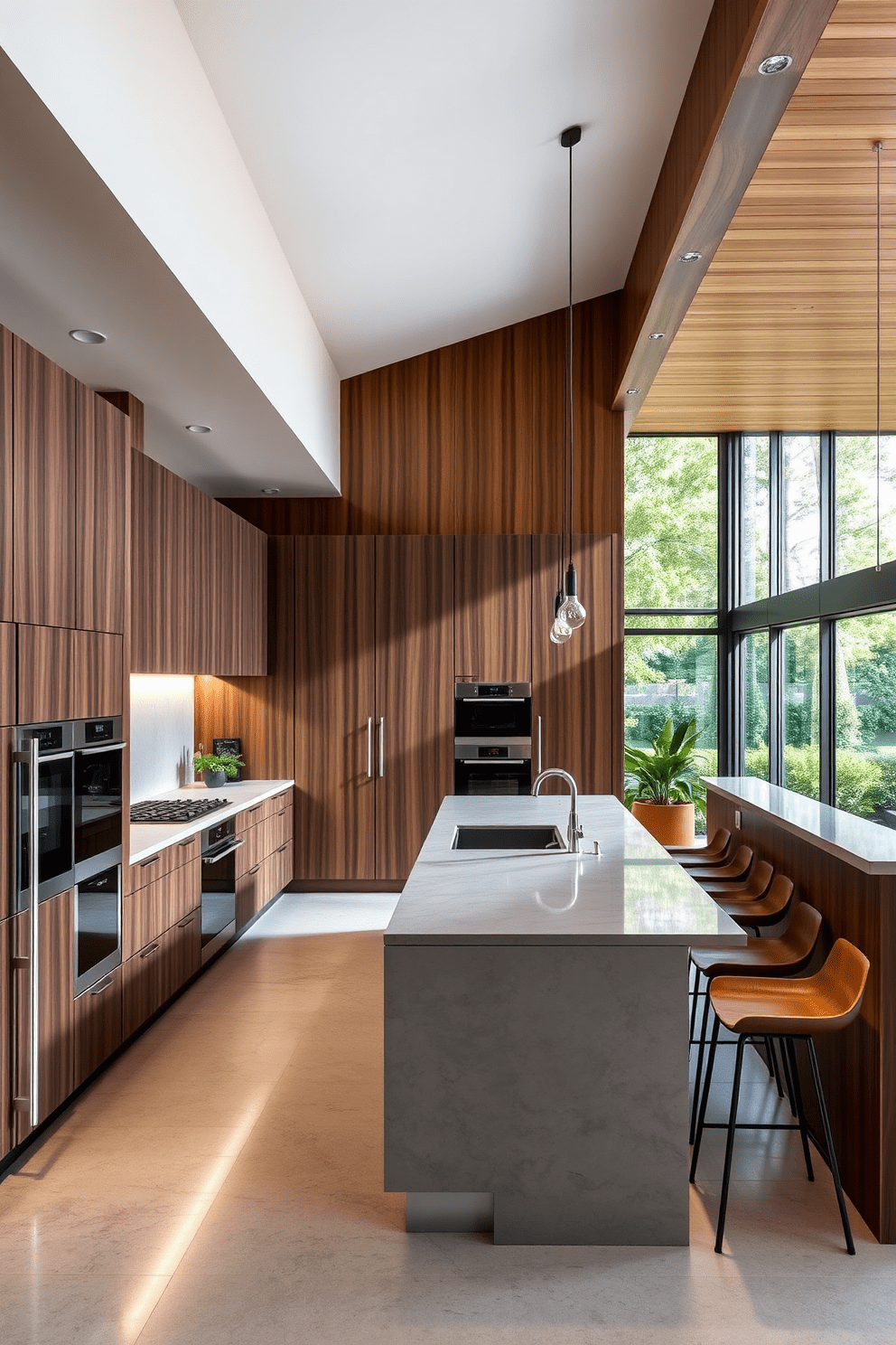 A modern open kitchen featuring sleek cabinetry with integrated smart appliances. The large island serves as both a cooking space and a social hub, adorned with stylish bar stools and under-counter lighting. Natural light floods the area through expansive windows, highlighting the minimalist design and open layout. A combination of warm wood tones and cool stone surfaces creates a harmonious and inviting atmosphere.