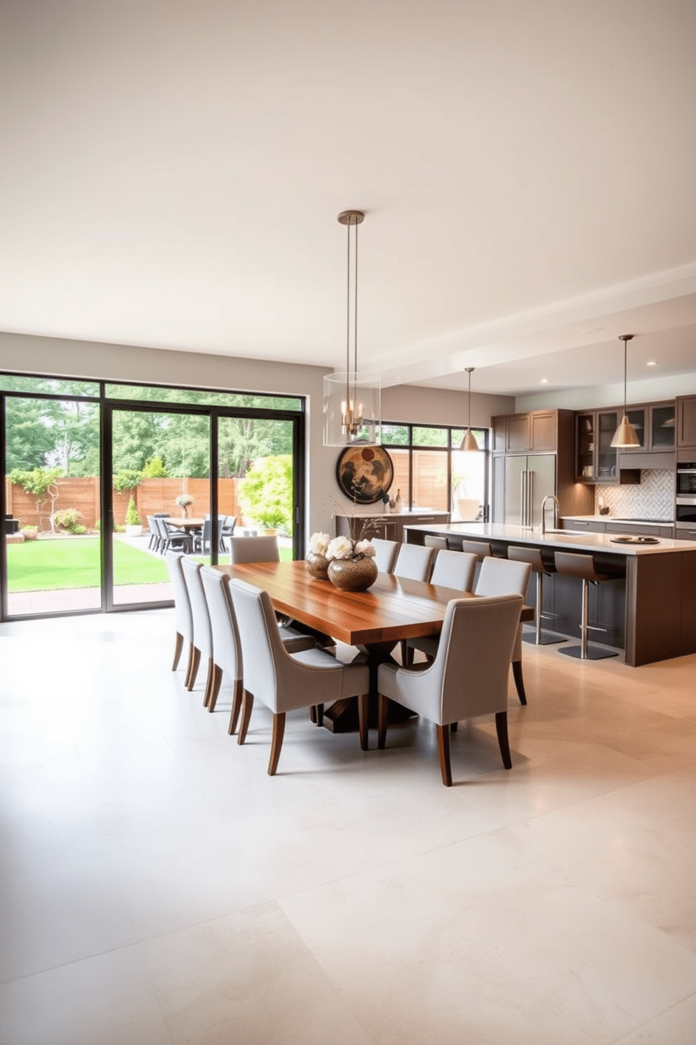 A spacious dining area features a large wooden dining table surrounded by elegant upholstered chairs, perfect for gatherings with family and friends. The room is bathed in natural light from large windows that overlook a lush garden, creating an inviting atmosphere. The open kitchen design flows seamlessly into the dining space, showcasing sleek cabinetry and a large island with bar seating. Modern appliances are integrated into the design, and stylish pendant lights hang above the island, enhancing the contemporary feel.