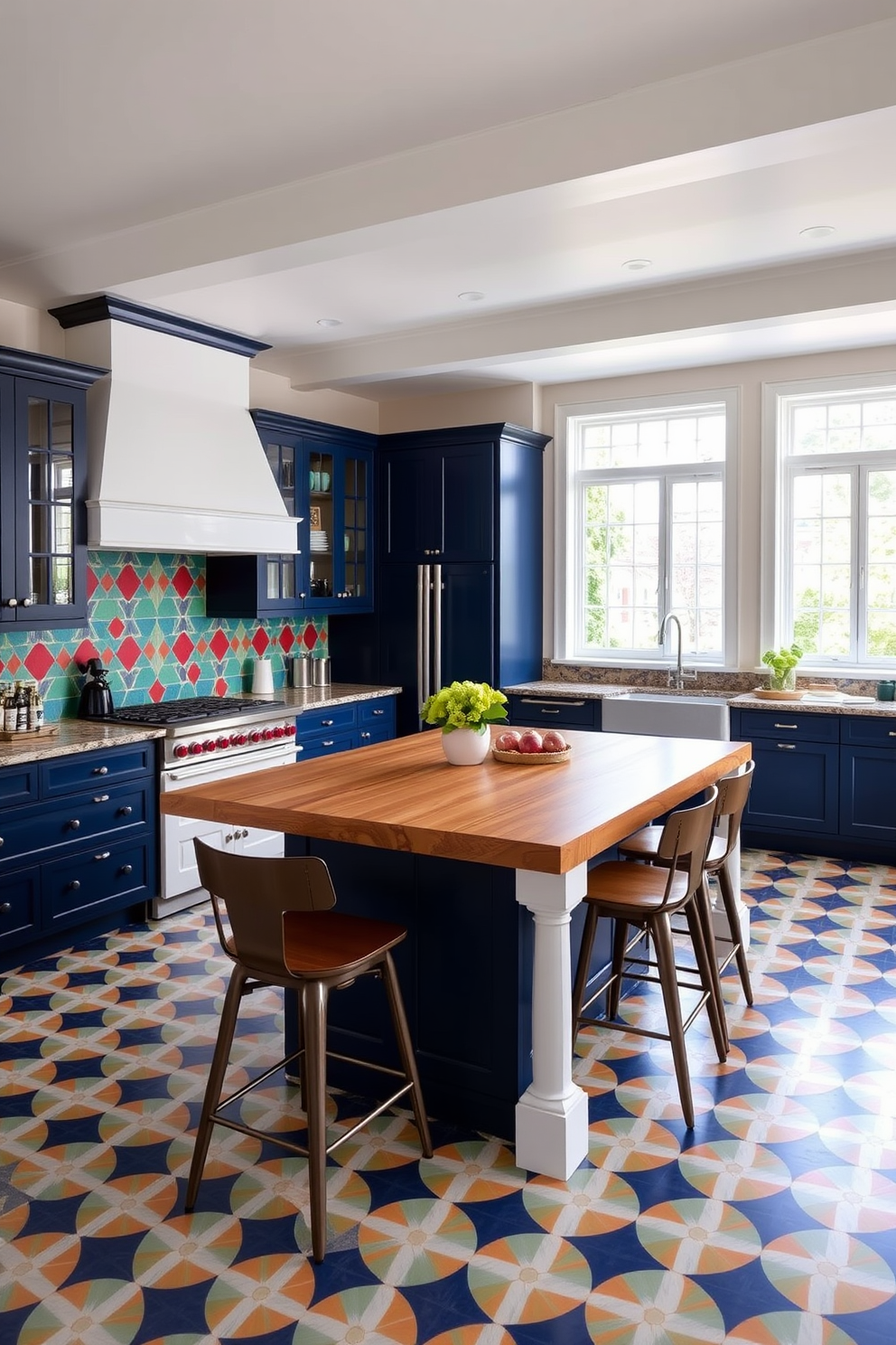 A vibrant open kitchen featuring bold geometric patterns on the backsplash and floor tiles. The cabinetry is a mix of deep navy blue and crisp white, creating a striking contrast against the colorful patterns. A spacious island with a butcher block top serves as the focal point, surrounded by stylish bar stools. Large windows allow natural light to flood the space, enhancing the lively atmosphere of the kitchen.