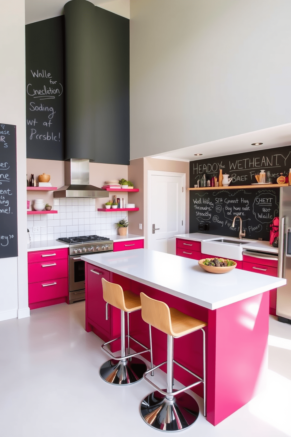 A vibrant open kitchen featuring a chalkboard wall that invites creativity and interaction. The space includes a large island with bar seating, sleek cabinetry, and modern appliances, all designed for functionality and style.