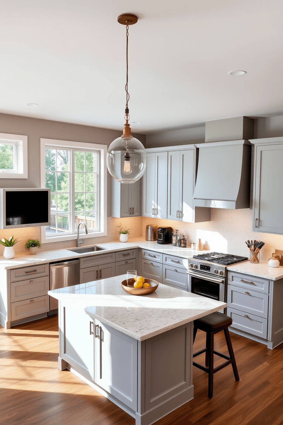 An inviting open kitchen with an L-shaped layout designed for efficient workflow. The space features a large island with bar seating, sleek cabinetry in a soft gray finish, and a stylish backsplash that adds a pop of color. Natural light floods the room through large windows, highlighting the stainless steel appliances and a cozy breakfast nook. Elegant pendant lights hang above the island, creating a warm and welcoming atmosphere for cooking and entertaining.