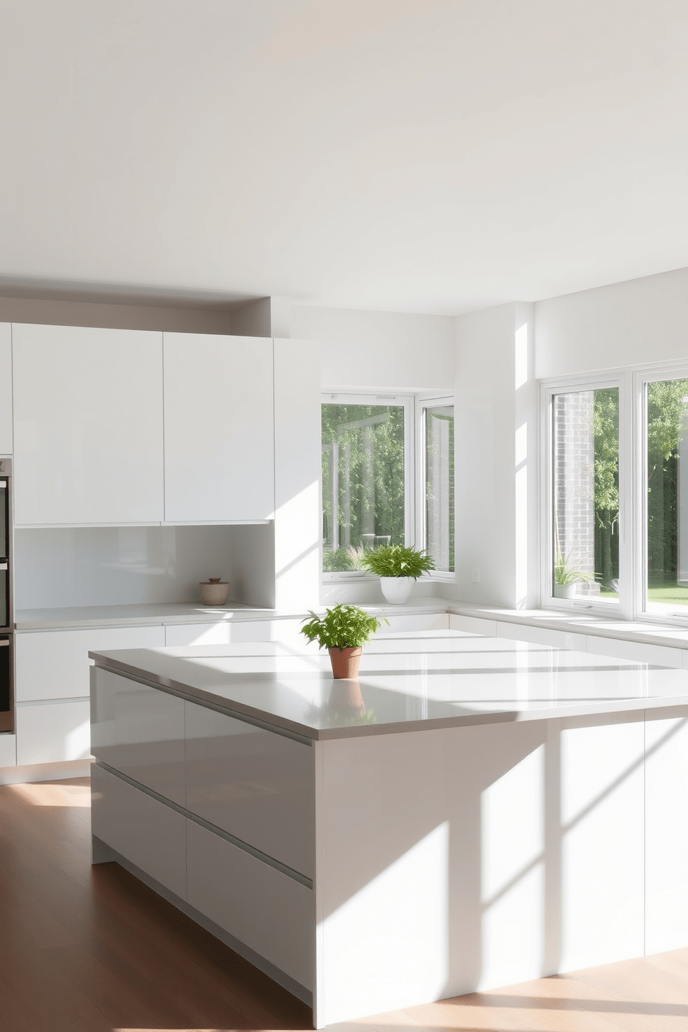 A bright and airy open kitchen featuring sleek cabinetry in a soft white finish. The island is topped with a light gray quartz surface, providing ample space for meal preparation and casual dining. Natural light floods the space through large windows, illuminating the minimalist decor. A few potted herbs sit on the windowsill, adding a touch of greenery and freshness to the design.