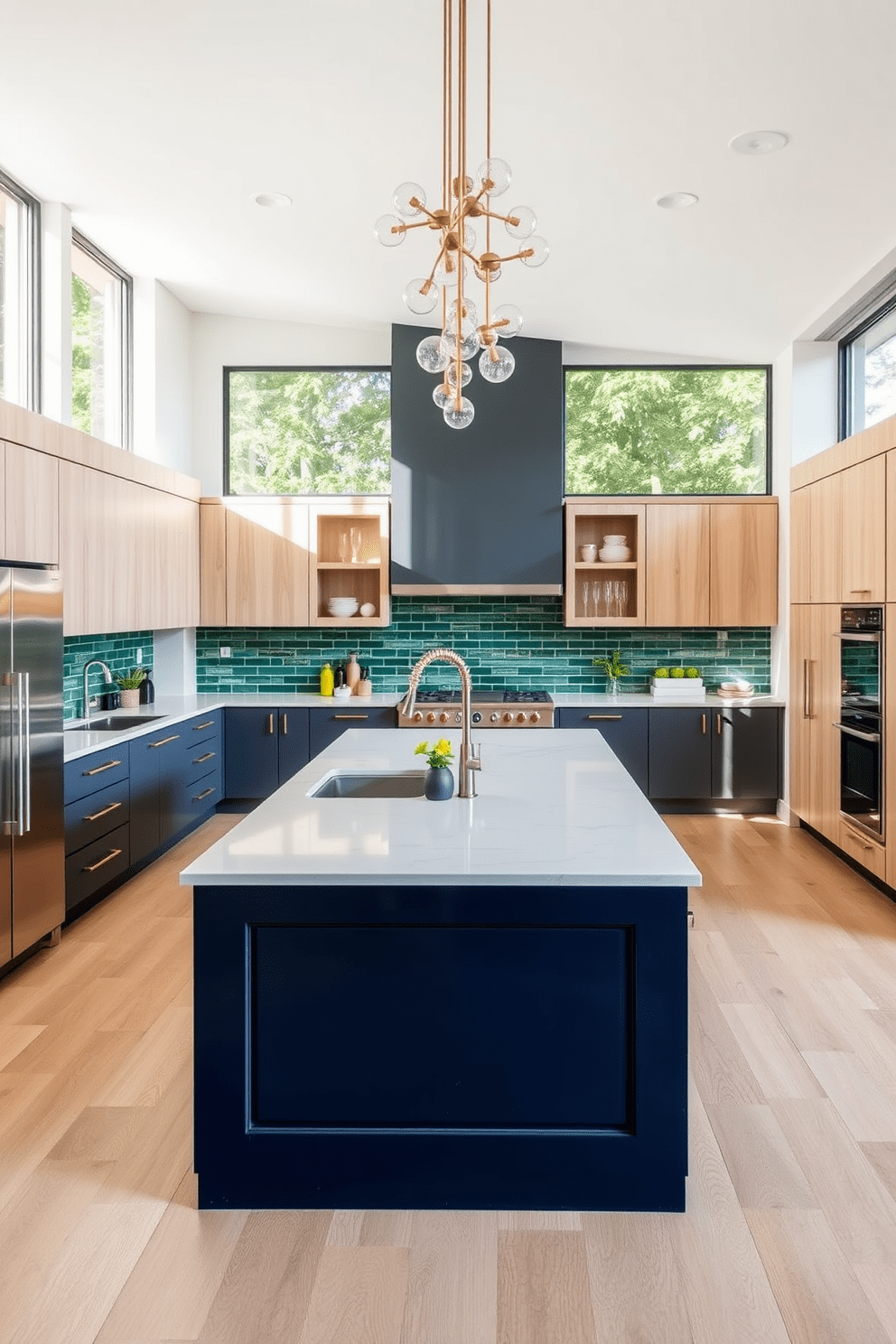 A spacious open kitchen features a large island with a deep navy blue base and a white quartz countertop. The cabinetry is a mix of light wood and dark gray, creating a striking contrast that enhances the modern aesthetic. Natural light floods the space through large windows, illuminating the sleek stainless steel appliances and bold backsplash tiles in varying shades of green. A cluster of pendant lights hangs above the island, adding warmth and a touch of elegance to the overall design.