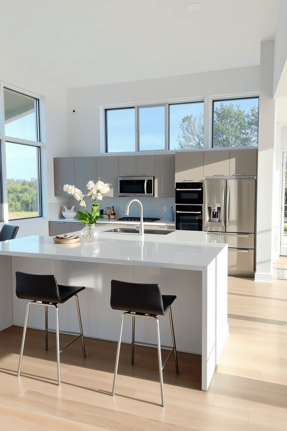 A modern open kitchen featuring a sleek breakfast bar that seamlessly integrates with the main cooking area. The breakfast bar is adorned with stylish bar stools, creating a casual dining space perfect for entertaining guests. The kitchen showcases high-end appliances and elegant cabinetry with a neutral color palette. Large windows allow natural light to flood the space, enhancing the inviting atmosphere.