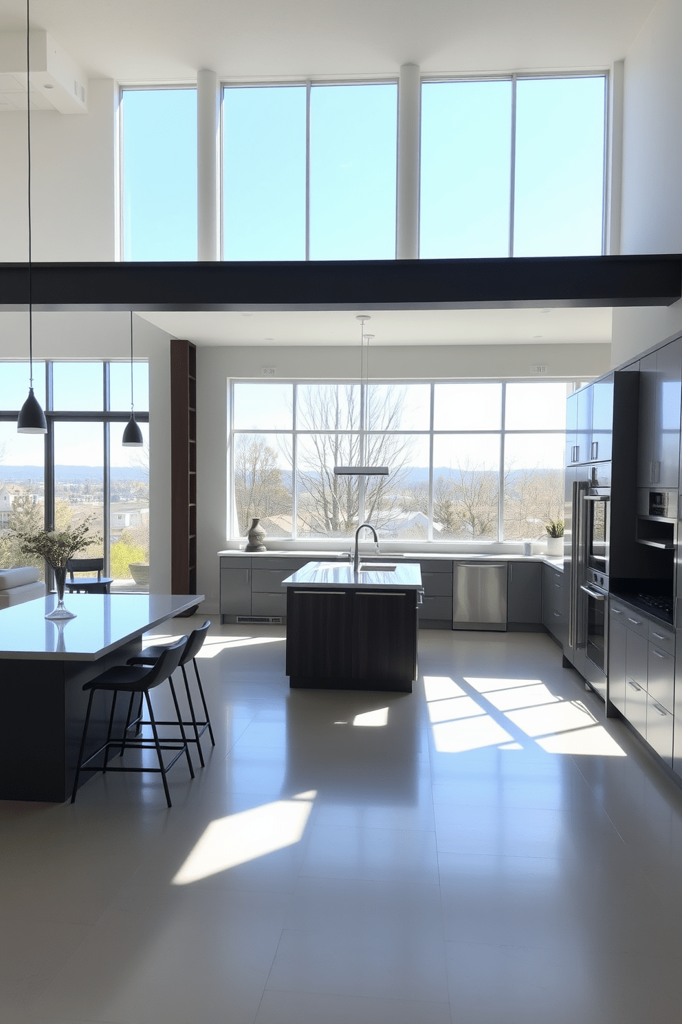 A bright and airy open kitchen with large windows allowing natural light to flood the space. The kitchen features a spacious island with bar stools, sleek cabinetry, and stainless steel appliances, creating a modern yet inviting atmosphere.