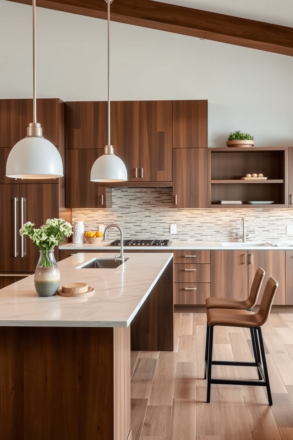 A warm and inviting open kitchen design featuring a blend of materials. The cabinetry is a rich walnut wood, complemented by a sleek marble island that serves as a focal point in the space. Soft pendant lights hang above the island, casting a gentle glow over the room. The backsplash showcases a mix of textured tiles in earthy tones, adding depth and interest to the overall design.