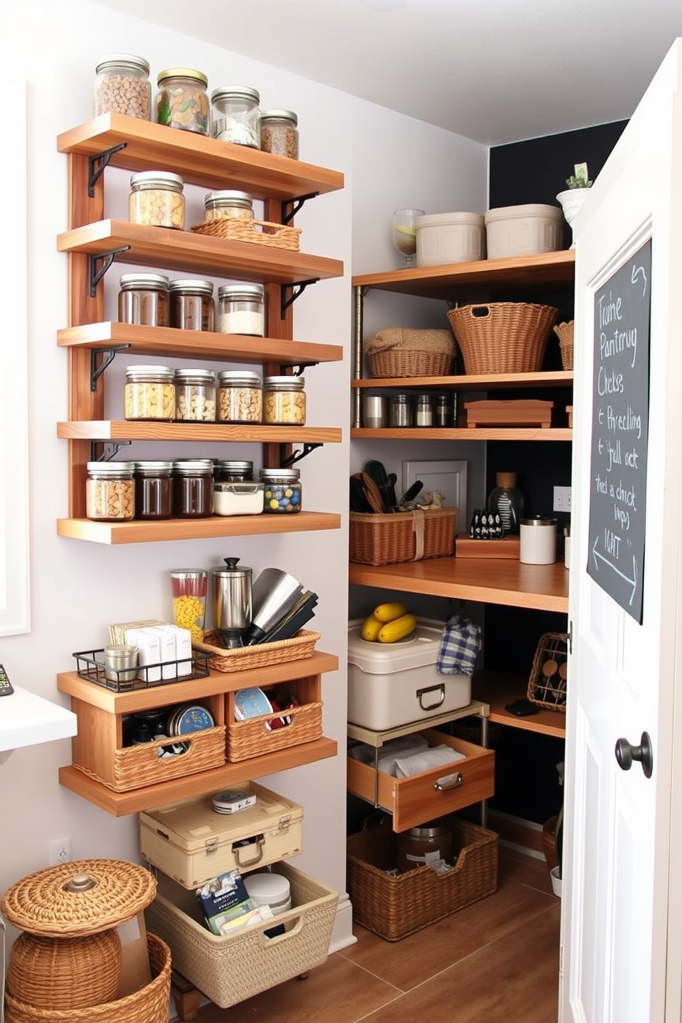 Open shelving for easy access items. The shelves are made of reclaimed wood and are arranged in a staggered pattern on the wall, showcasing neatly organized jars and baskets. Open pantry design ideas. The pantry features a combination of open shelving and pull-out drawers, with a chalkboard wall for notes and a small countertop for meal prep.