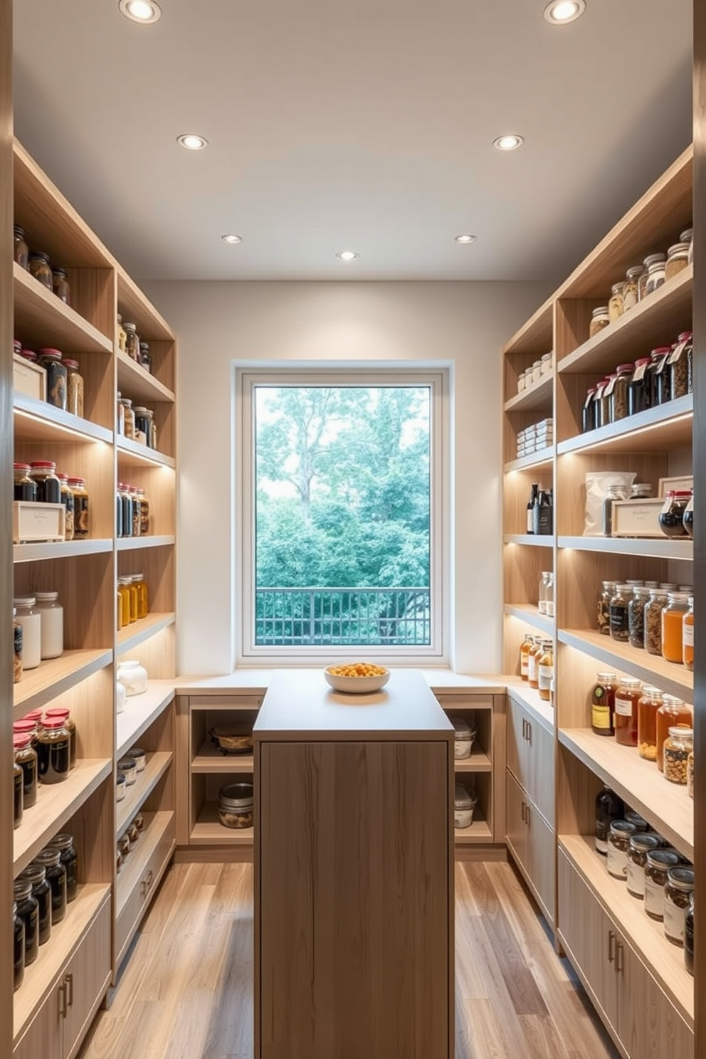 A modern open pantry design featuring integrated lighting for bright visibility. The shelves are made of light wood and filled with organized jars and containers, creating a clean and inviting look. The pantry includes a large window allowing natural light to flood in, complemented by recessed LED lights for evening use. A small island in the center provides additional counter space for meal prep and storage.