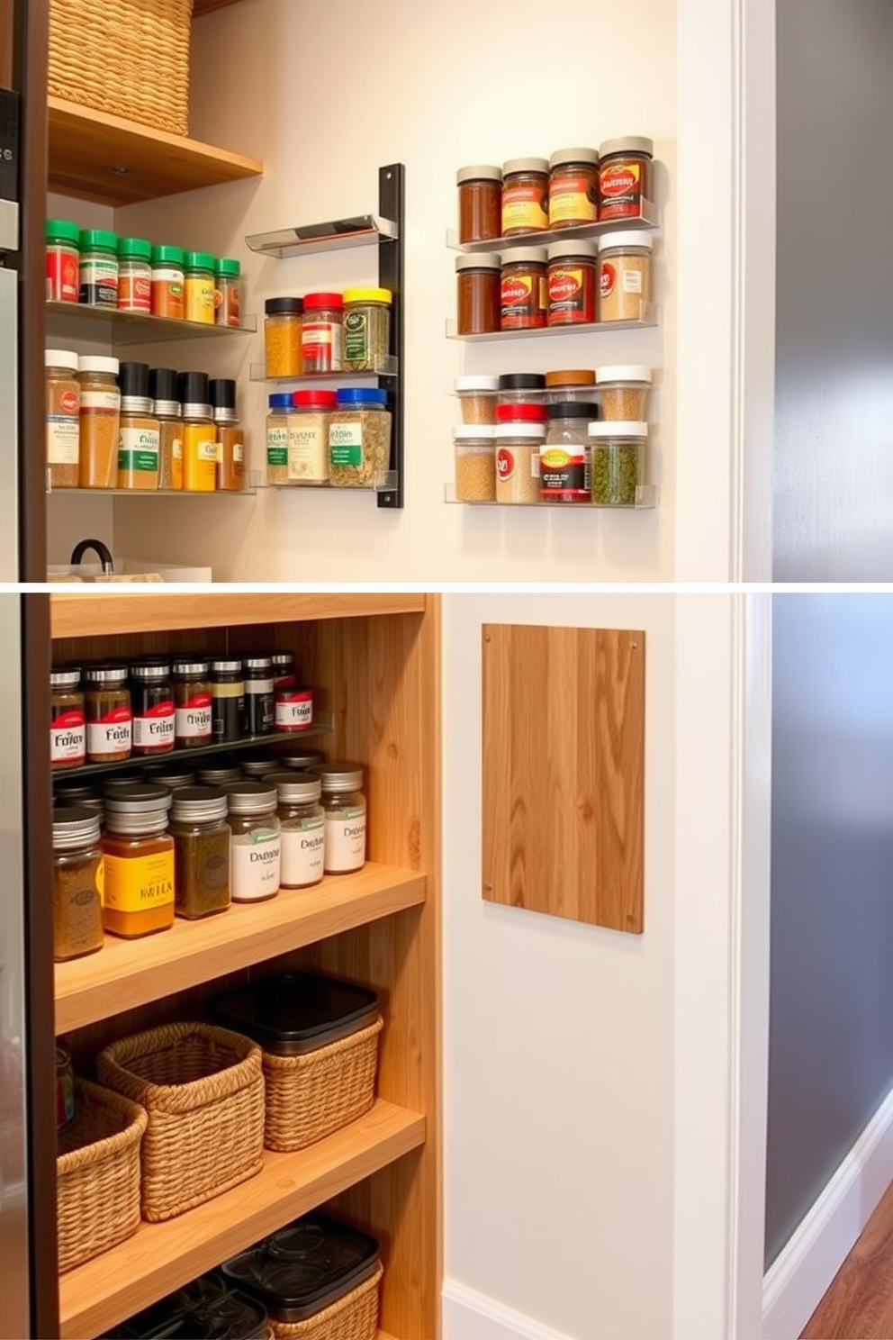 A modern kitchen features magnetic strips mounted on the wall for spice storage. The strips hold an array of colorful spice jars, creating a vibrant and organized display. An open pantry design showcases wooden shelves filled with neatly arranged jars and containers. The shelves are complemented by decorative baskets that add texture and warmth to the space.