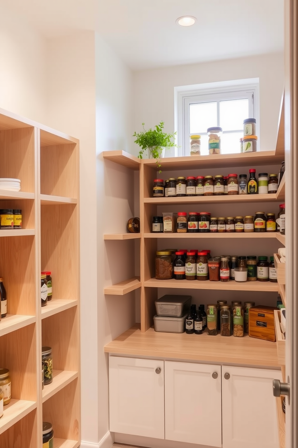 A modern open pantry design featuring tiered shelving to maximize space. The shelves are crafted from light wood and adorned with neatly organized jars and spices, creating an inviting and functional atmosphere. The pantry walls are painted in a soft white to enhance brightness and openness. A small herb garden sits on the windowsill, adding a touch of greenery and freshness to the space.