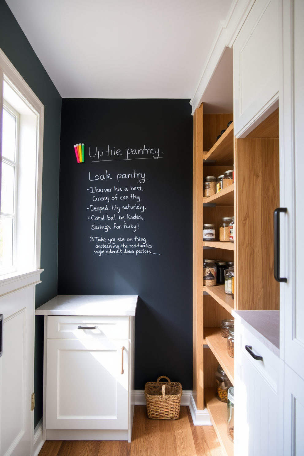 A chalkboard wall is painted in a deep matte black finish, providing an ideal surface for notes and lists. The wall features colorful chalk markers and is framed by bright white cabinetry that enhances the contrast. The open pantry design showcases a combination of wooden shelves and glass jars filled with various ingredients. The space is accented with natural light streaming in through a nearby window, creating an inviting and organized atmosphere.