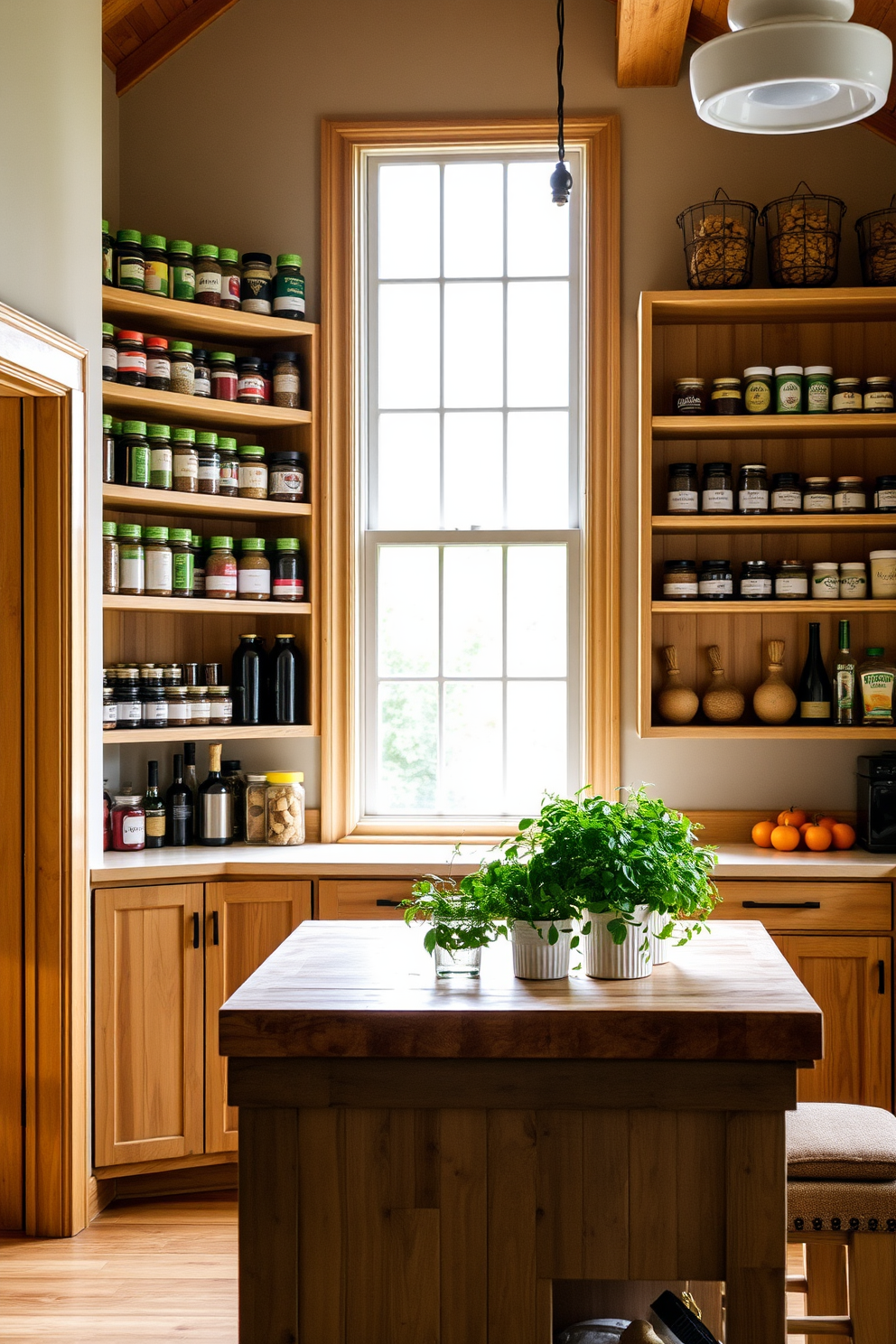 A cozy open pantry featuring natural wood shelving that showcases an array of colorful jars and neatly organized spices. The walls are adorned with soft, earthy tones, and a large window allows natural light to flood the space, highlighting the beauty of the wooden elements. The pantry includes a rustic wooden island with a butcher block top, perfect for meal prep and casual dining. Potted herbs sit on the countertop, adding a touch of greenery and freshness to the inviting atmosphere.