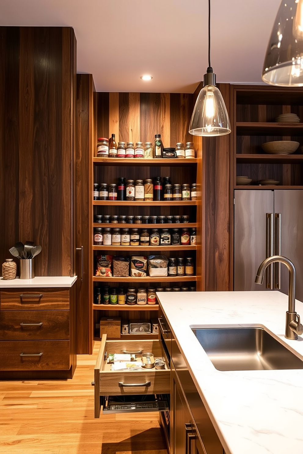 A functional countertop designed for prep space features a large, seamless surface made of quartz with ample room for meal preparation. Below the countertop, there are spacious drawers and cabinets for storing kitchen utensils and ingredients, ensuring an organized cooking area. The open pantry design incorporates open shelving made of reclaimed wood, showcasing neatly arranged jars of spices and dry goods. This inviting space is illuminated by warm pendant lights, creating a cozy atmosphere for both cooking and entertaining.