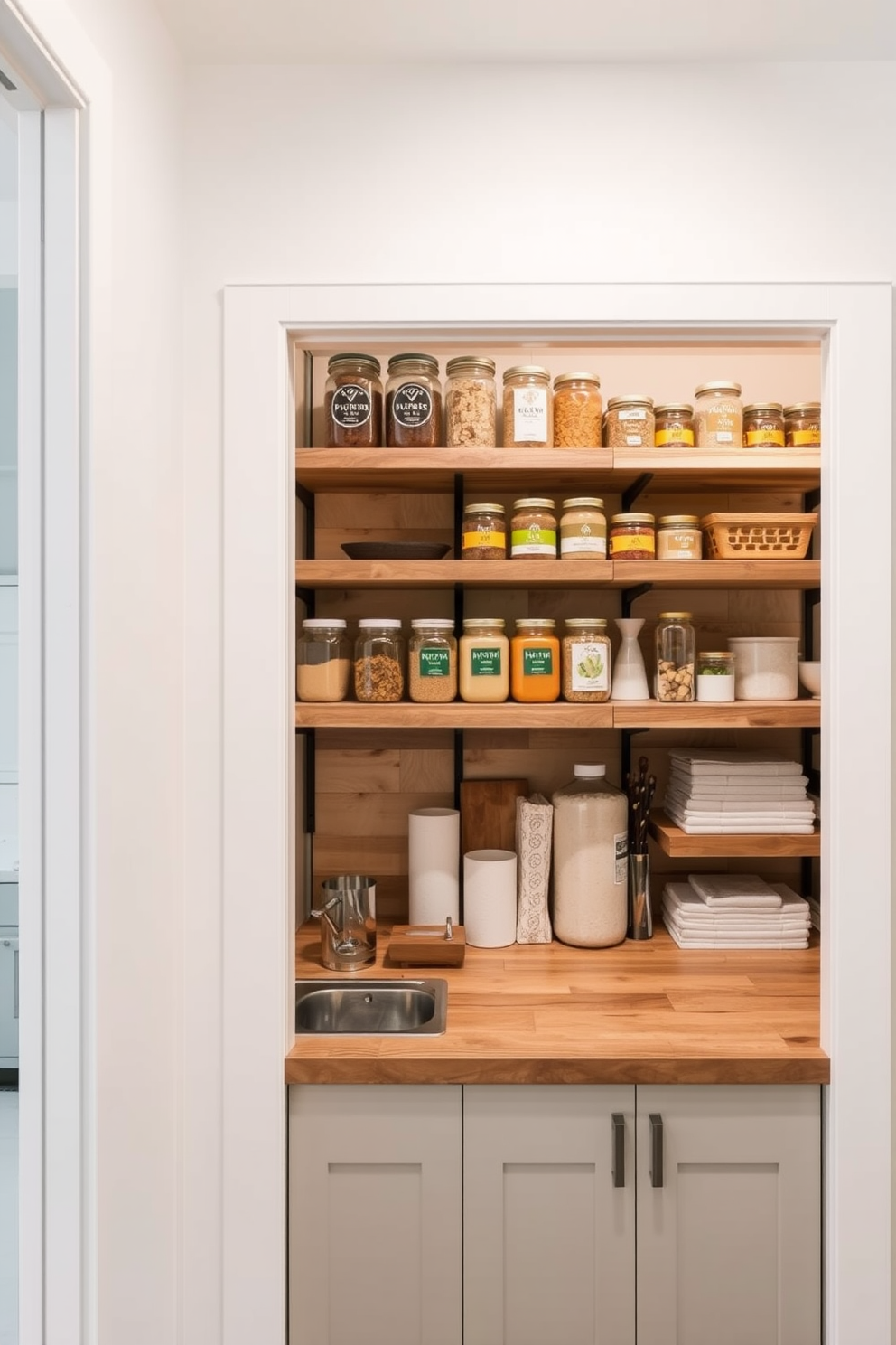 A modern open pantry design featuring a small sink for convenience. The pantry includes open shelving made of reclaimed wood, displaying neatly organized jars and kitchen essentials.