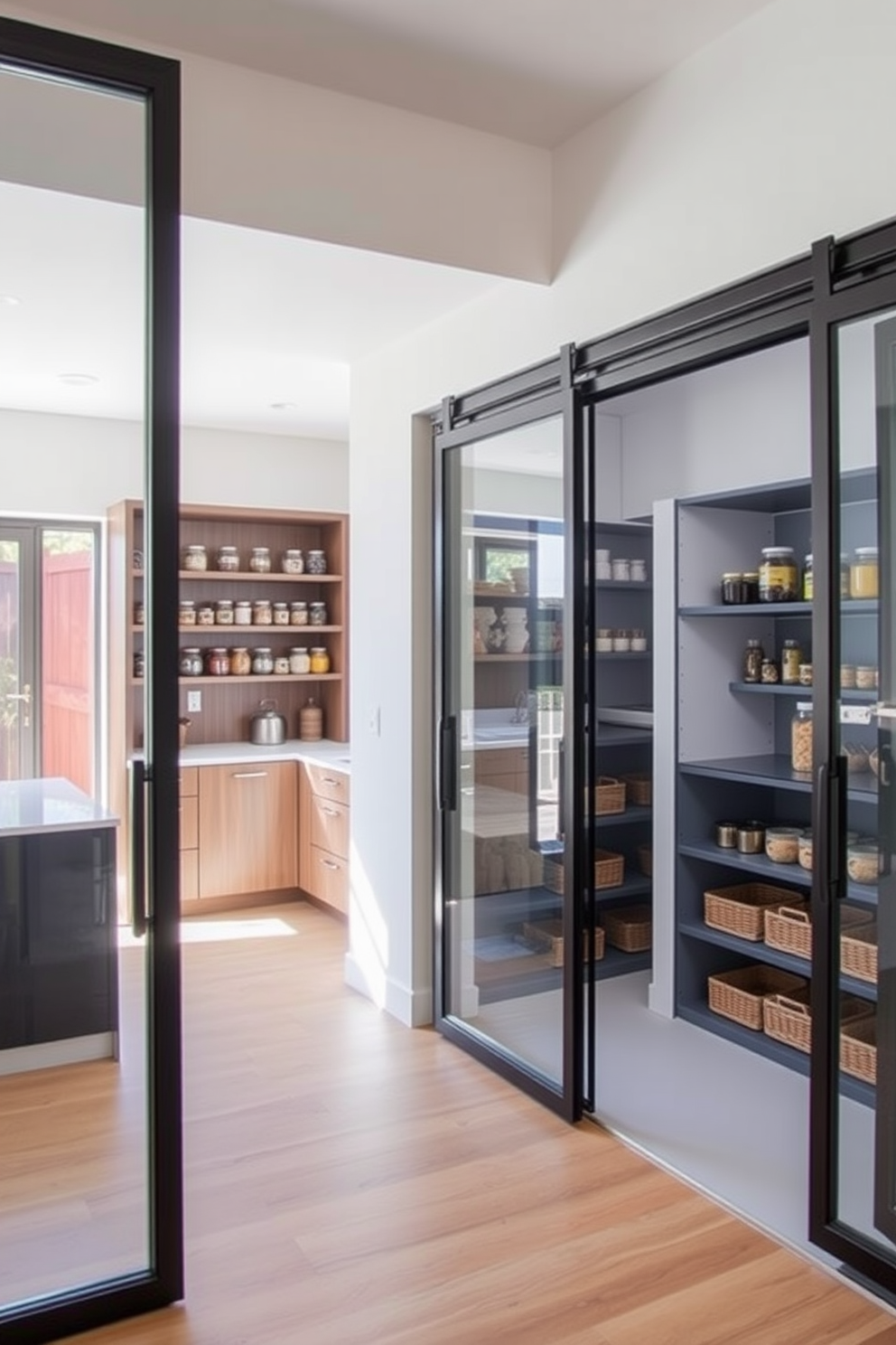 A modern kitchen featuring sliding doors that seamlessly integrate the indoor and outdoor spaces. The doors are framed in sleek black metal, providing a contemporary touch while maximizing natural light. An open pantry design that emphasizes accessibility and organization. Shelving units are arranged in a U-shape, showcasing neatly arranged jars and baskets for a clean and inviting look.