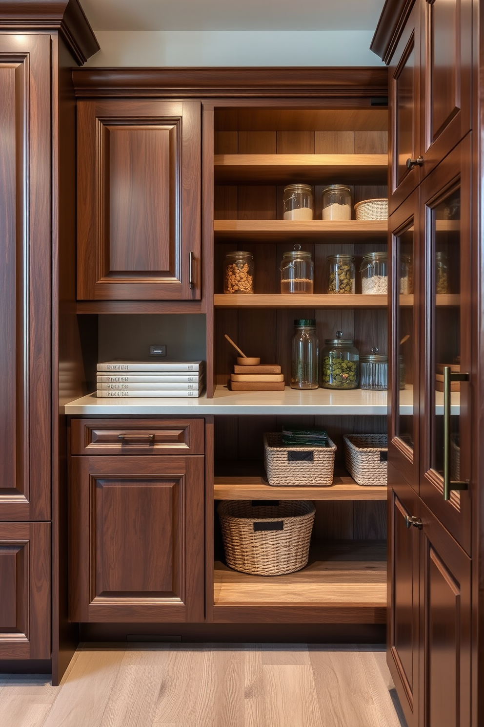 Custom cabinetry for a tailored look. The cabinets are crafted from rich walnut wood with intricate detailing, featuring soft-close doors and elegant hardware. Open pantry design ideas. The pantry showcases open shelving made from reclaimed wood, neatly organized with glass jars and decorative baskets for a functional yet stylish display.