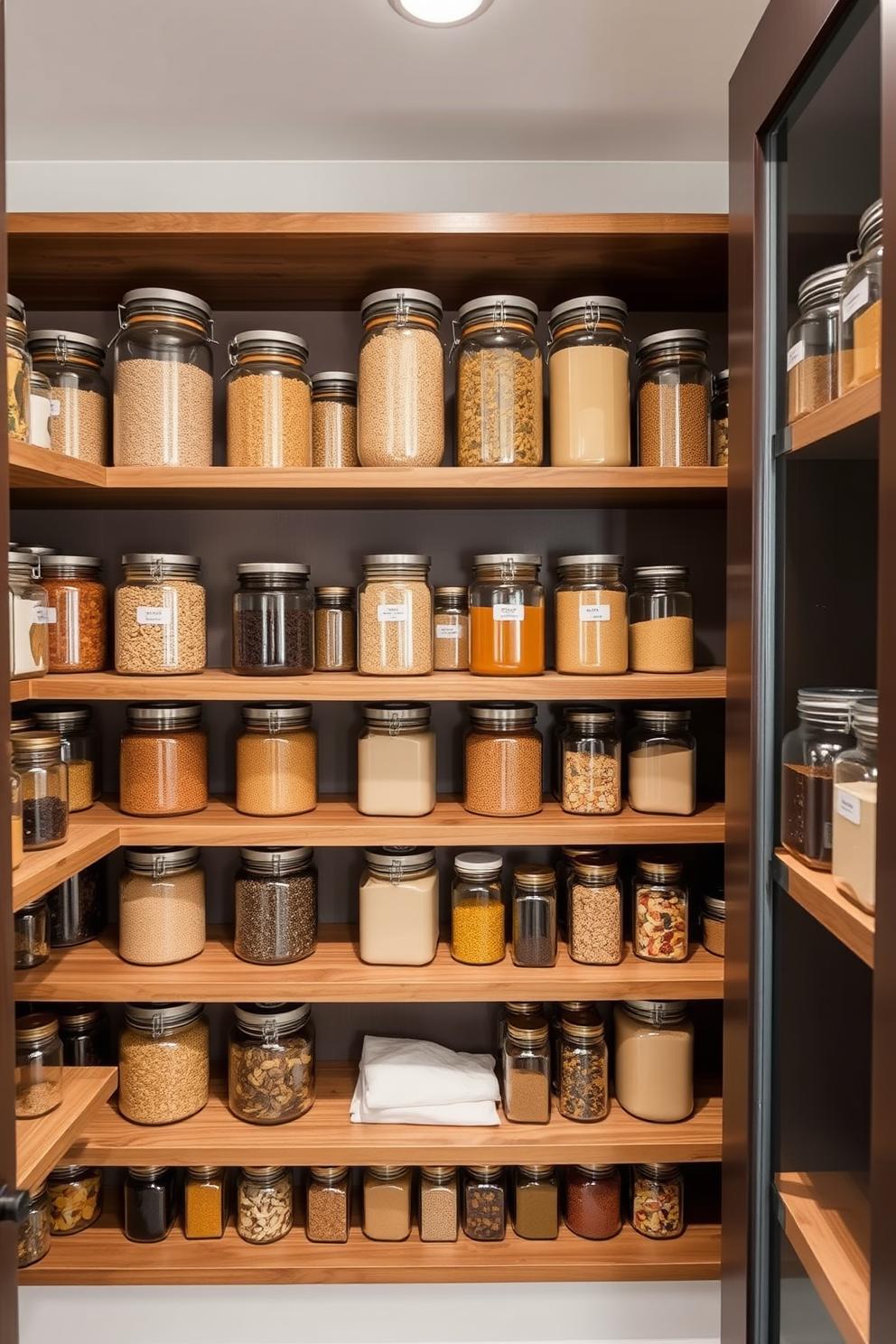 A modern open pantry featuring glass jars arranged neatly on floating wooden shelves. The jars are filled with colorful grains and spices, creating an organized and visually appealing display.