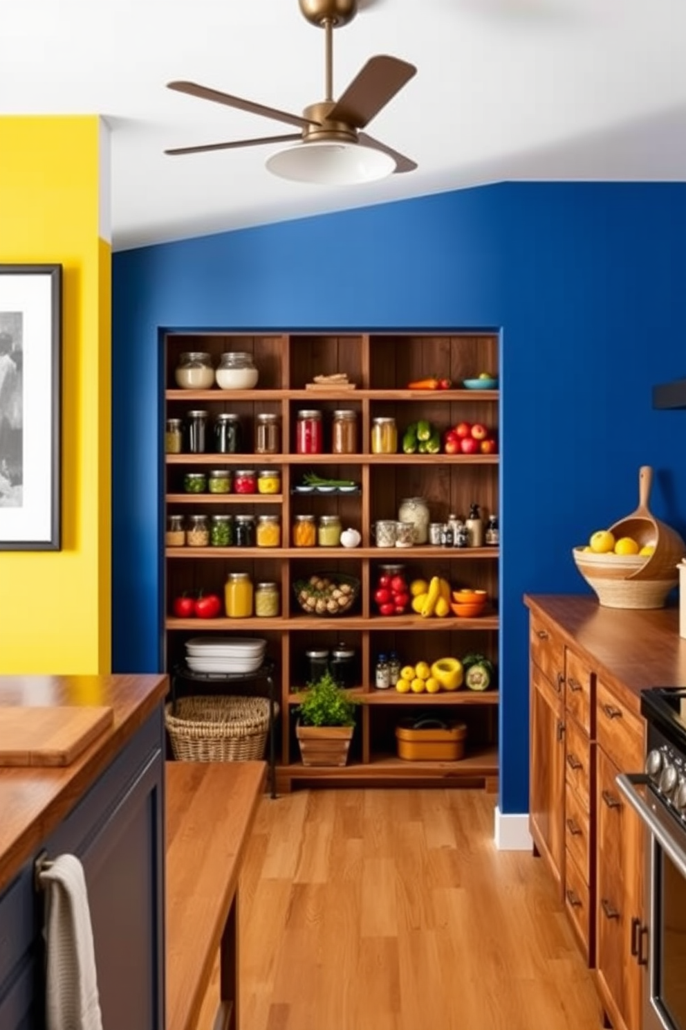 Bright colors to energize the space. The walls are painted in a vibrant yellow, complemented by a bold blue accent wall. Open pantry design ideas. The pantry features open shelving made of reclaimed wood, showcasing colorful jars and fresh produce for a lively and inviting look.