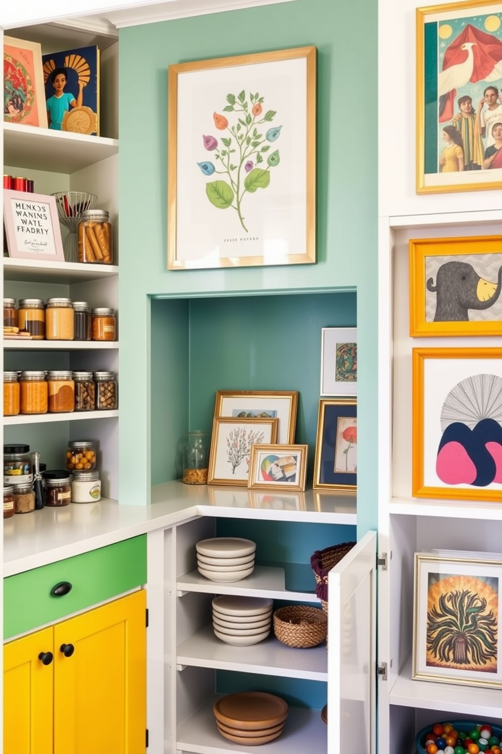 A vibrant open pantry filled with colorful artwork and prints that reflect personal style. The shelves are lined with neatly organized jars and containers, while a large framed print of a botanical illustration hangs prominently on the wall. The pantry features a mix of open shelving and closed cabinets, creating a functional yet stylish space. A bright accent color on the cabinet doors adds a playful touch, complemented by a small gallery of framed art pieces that showcase unique designs and textures.