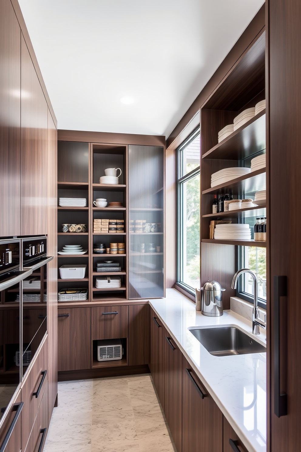 A modern kitchen featuring hidden outlets seamlessly integrated into the cabinetry for appliance convenience. The design includes a spacious open pantry with organized shelving and a stylish countertop for easy access to cooking essentials. The pantry showcases a combination of open and closed storage solutions, allowing for both display and concealment of kitchen items. Natural light floods the space through a large window, enhancing the airy feel of the open pantry design.