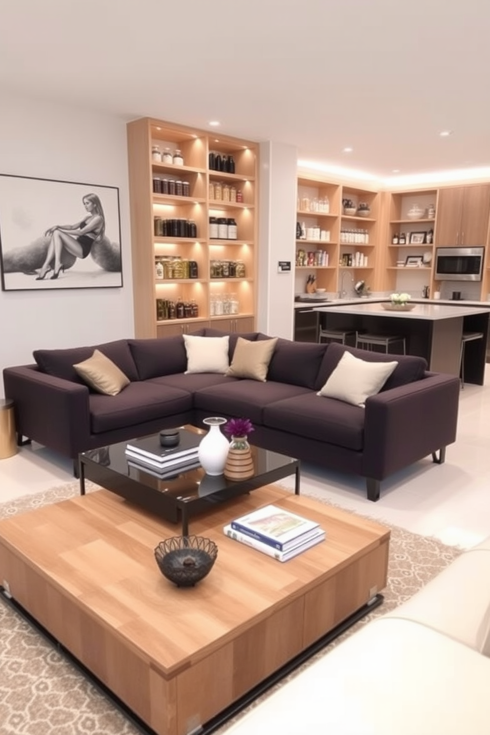 A stylish living room featuring multi-functional furniture that seamlessly blends comfort and utility. A sleek sofa transforms into a bed, complemented by a coffee table that can be adjusted for dining height. An open pantry design that emphasizes accessibility and organization. Shelving units display neatly arranged jars and containers, while a central island provides additional prep space and seating.