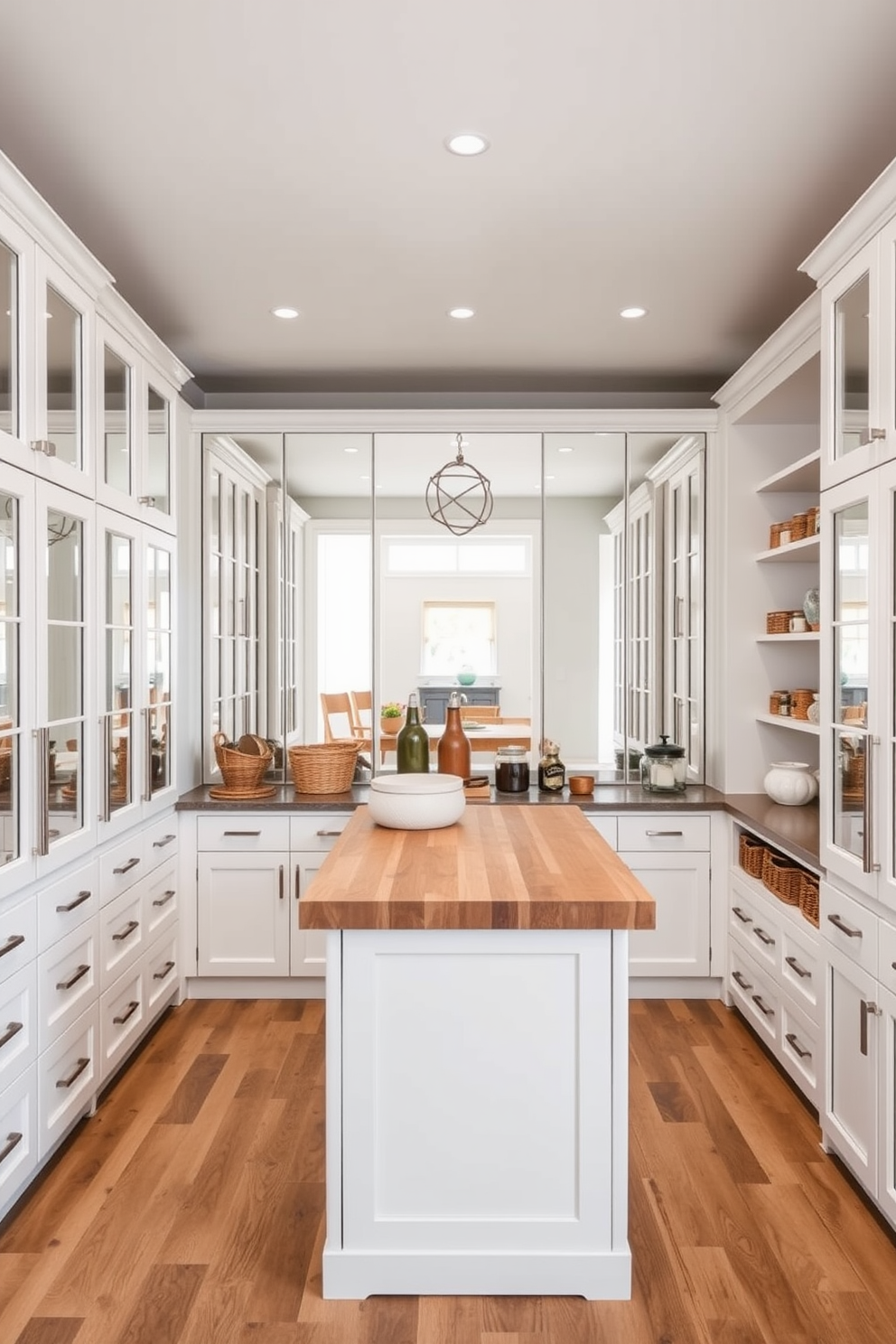 A spacious open pantry design featuring sleek white cabinetry with glass panel doors. A large central island topped with butcher block provides ample workspace and storage, while decorative baskets and jars add a touch of warmth. Mirrors are strategically placed on the back wall to reflect light and create a sense of depth in the space. The combination of natural wood accents and modern fixtures enhances the inviting atmosphere of the pantry.