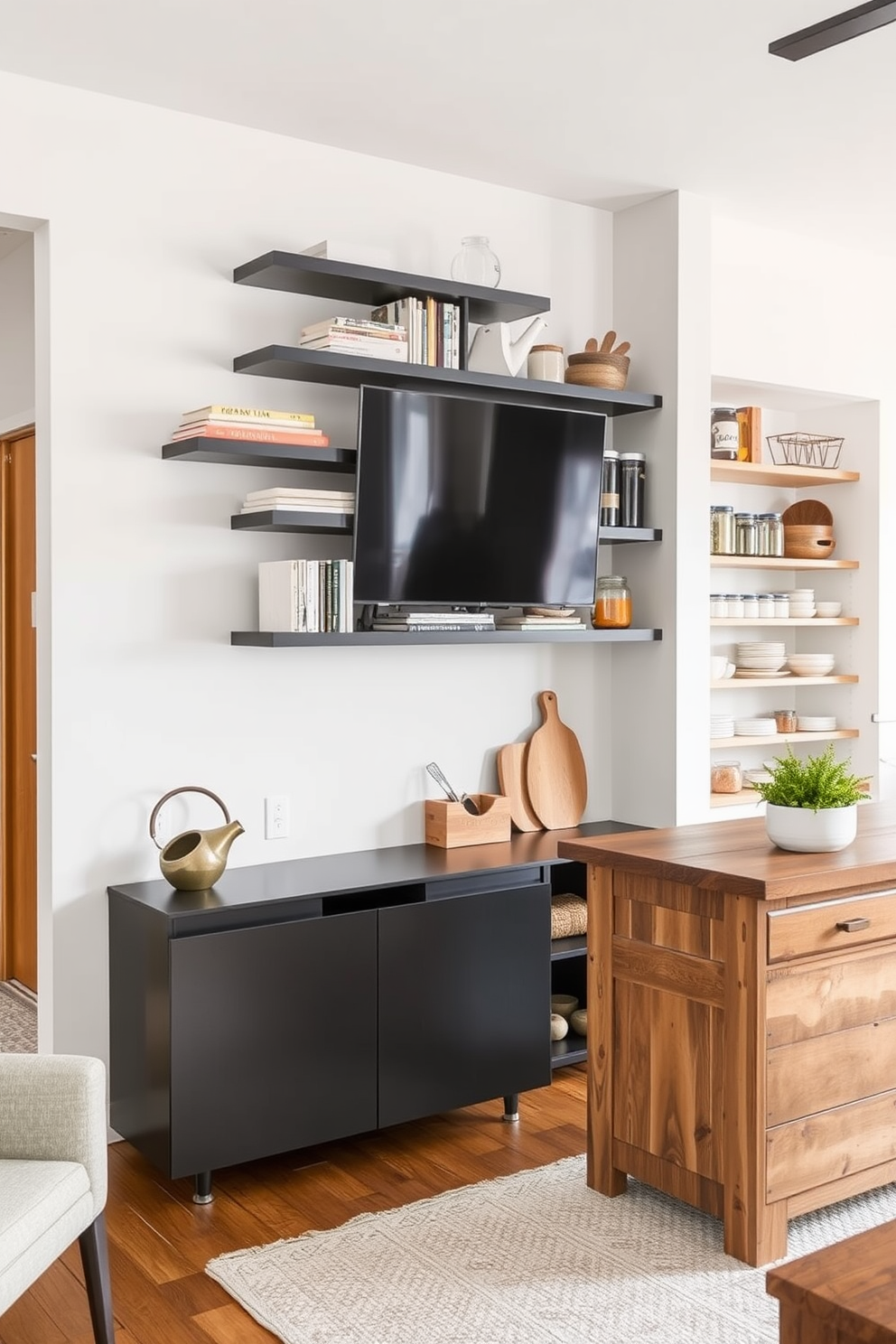 A modern living room featuring creative wall space for storage. Floating shelves are arranged in an asymmetrical pattern, showcasing books and decorative items, while a sleek cabinet below provides additional concealed storage. An inviting open pantry design with a blend of functionality and style. Open shelving displays neatly arranged jars and kitchenware, complemented by a rustic wooden island that offers extra prep space and seating.