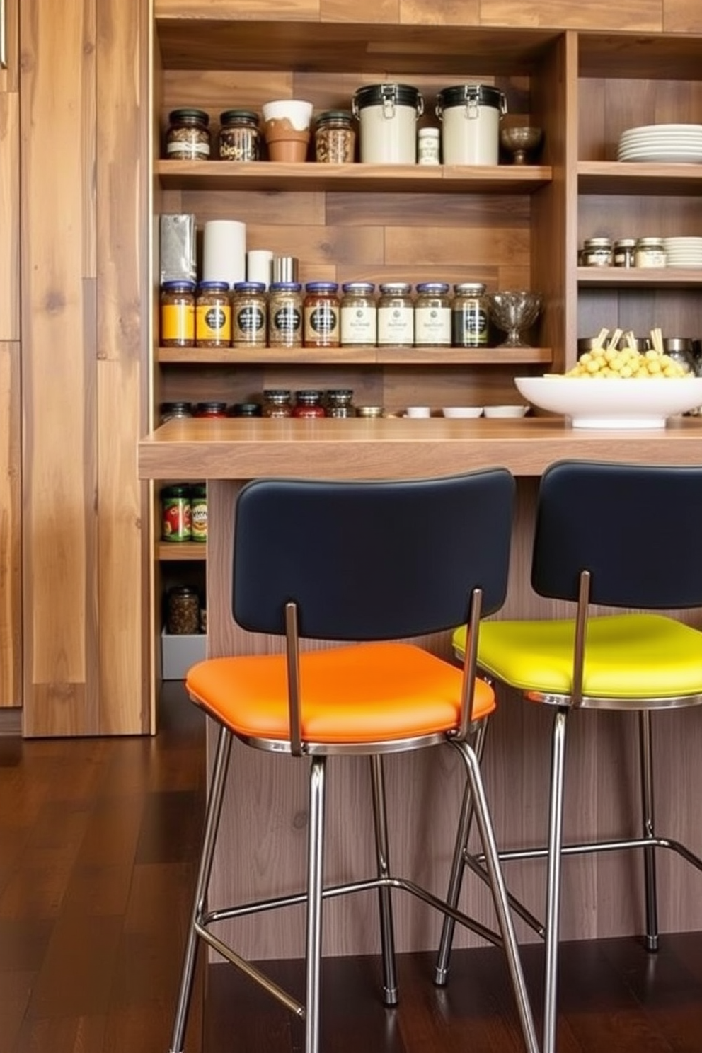 Stylish bar stools for casual dining. The bar stools feature sleek metal frames with comfortable upholstered seats in a vibrant color, perfect for a modern kitchen island. Open pantry design ideas. The pantry showcases open shelving made of reclaimed wood, elegantly displaying jars of spices and neatly arranged kitchenware for easy access and a rustic charm.