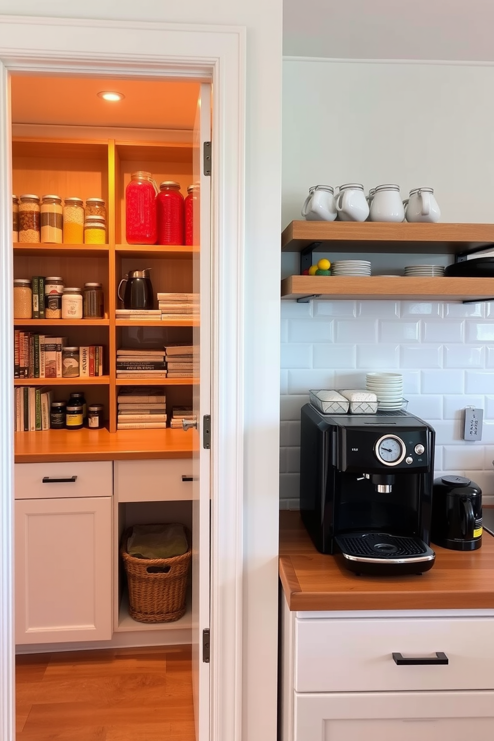 A cozy coffee station is designed in the corner of a bright kitchen. The station features a sleek espresso machine on a wooden countertop with neatly arranged coffee mugs above. An open pantry design showcases wooden shelves filled with colorful jars and neatly stacked cookbooks. The pantry is illuminated by warm lighting that highlights the natural wood tones and creates an inviting atmosphere.