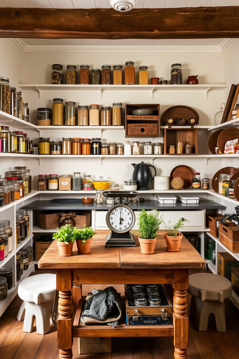 A charming open pantry filled with vintage finds that add character and warmth. Shelves are lined with mismatched glass jars, antique canisters, and rustic wooden crates, showcasing colorful spices and dried goods. The walls are painted in a soft cream color, creating a light and airy feel. A reclaimed wood table in the center serves as a workspace, adorned with a vintage scale and fresh herbs in terracotta pots.