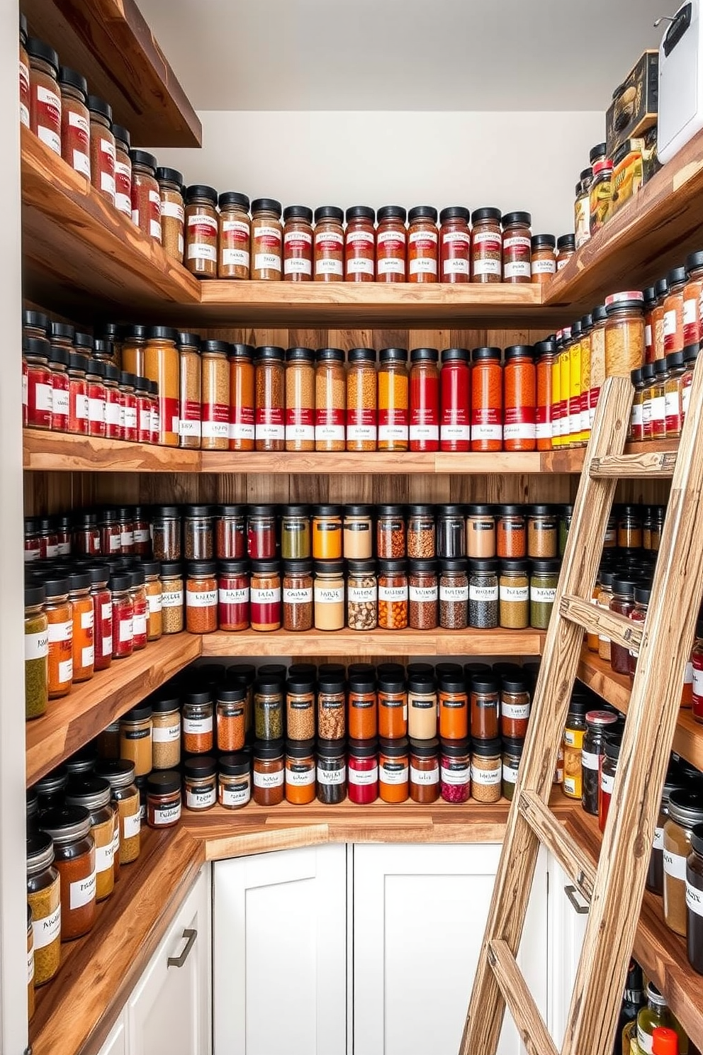 A vibrant open pantry showcasing an organized display of color-coded spices. Each spice jar is labeled and arranged by hue, creating an eye-catching gradient effect along the shelves. The pantry features open shelving made of reclaimed wood, adding warmth and character to the space. A rustic ladder leans against the shelves for easy access to the top rows, enhancing both functionality and style.