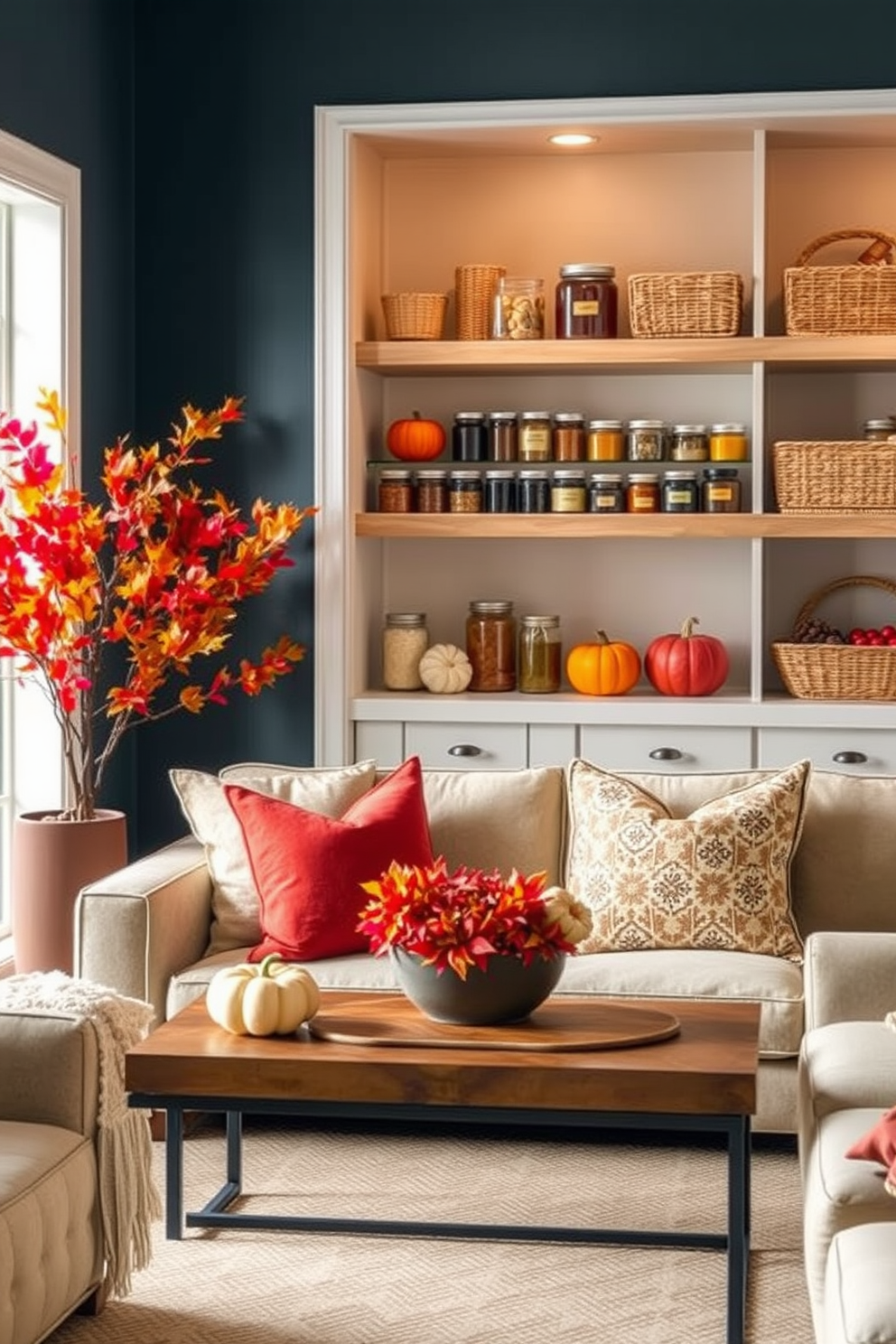 Seasonal displays for a dynamic look. Imagine a cozy living room adorned with vibrant autumn leaves, pumpkins, and warm-toned throw pillows that invite comfort and seasonal cheer. Open pantry design ideas. Picture a sleek open pantry featuring wooden shelves lined with neatly organized jars and baskets, showcasing colorful spices and fresh ingredients for an inviting culinary space.