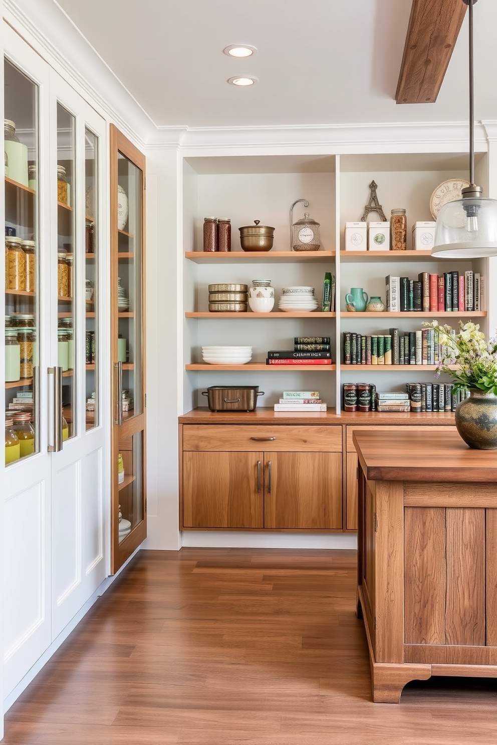 A stylish open pantry featuring a mix of closed and open storage solutions. The design includes sleek cabinetry with glass doors showcasing organized jars and dishes, complemented by open shelves displaying cookbooks and decorative items. Warm wood tones are paired with white cabinetry to create an inviting atmosphere. Soft lighting highlights the pantry's contents while a rustic wooden island adds functionality and charm.