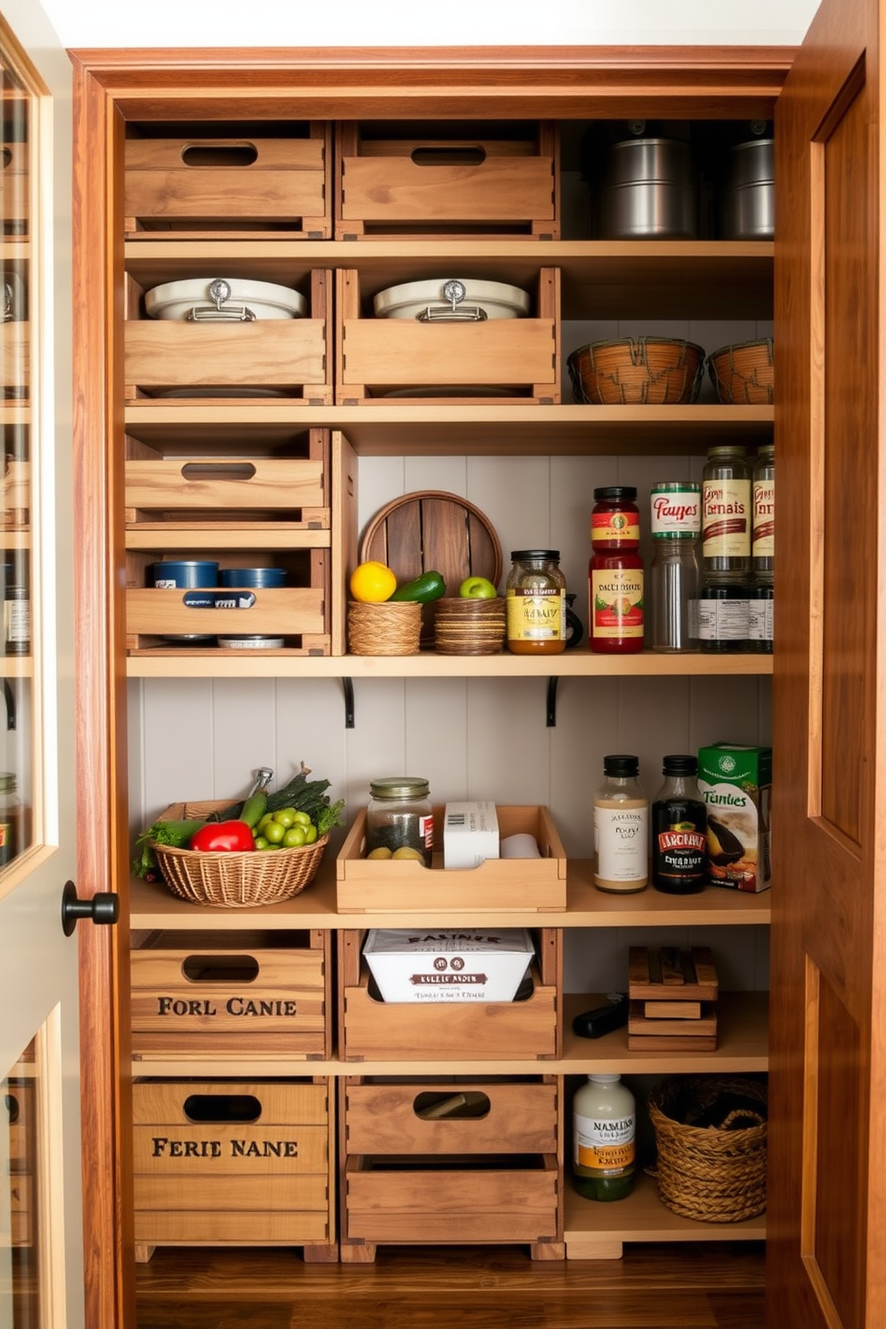 A cozy open pantry design featuring wooden crates stacked neatly on shelves. The crates are filled with fresh produce and pantry staples, adding a rustic charm to the space.