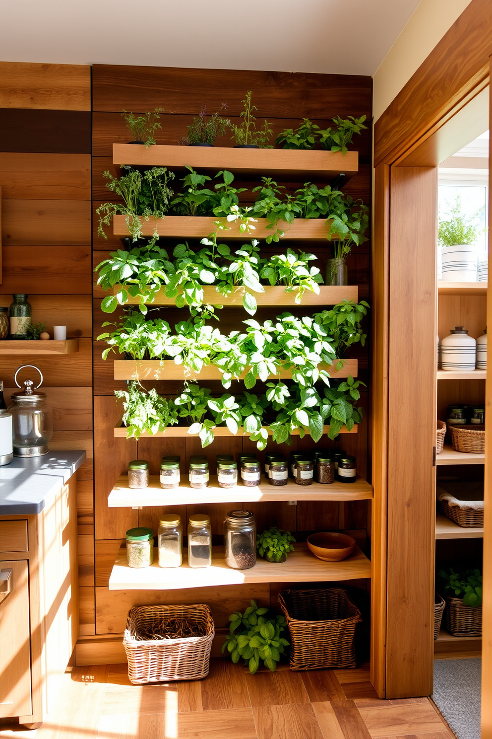 A vertical garden filled with fresh herbs is designed against a rustic wooden wall. The vibrant green plants are arranged in a tiered structure, providing easy access and a beautiful focal point in the kitchen. The open pantry features open shelving made of reclaimed wood, showcasing neatly organized jars and baskets. Natural light floods the space, highlighting the earthy tones and creating an inviting atmosphere for cooking and entertaining.