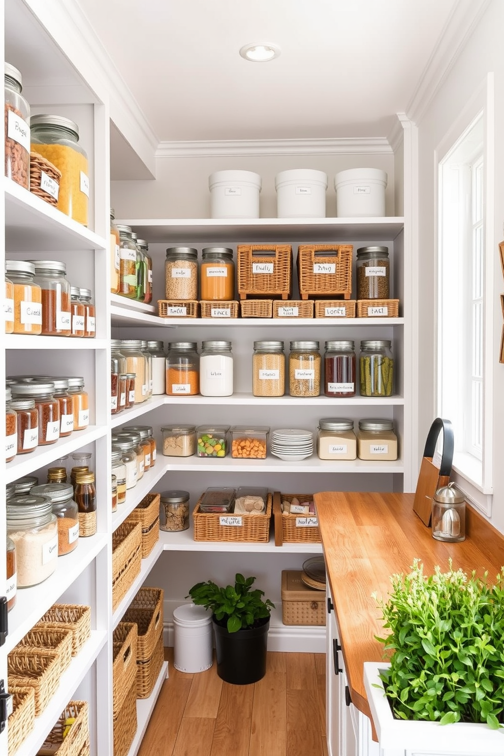 A bright and inviting open pantry with labeled containers for organization. The shelves are filled with clear glass jars and baskets, each neatly labeled for easy access to ingredients. The walls are painted in a soft white, creating a clean backdrop for the colorful containers. A wooden countertop provides additional workspace, while a small herb garden sits in the corner, adding a touch of greenery.