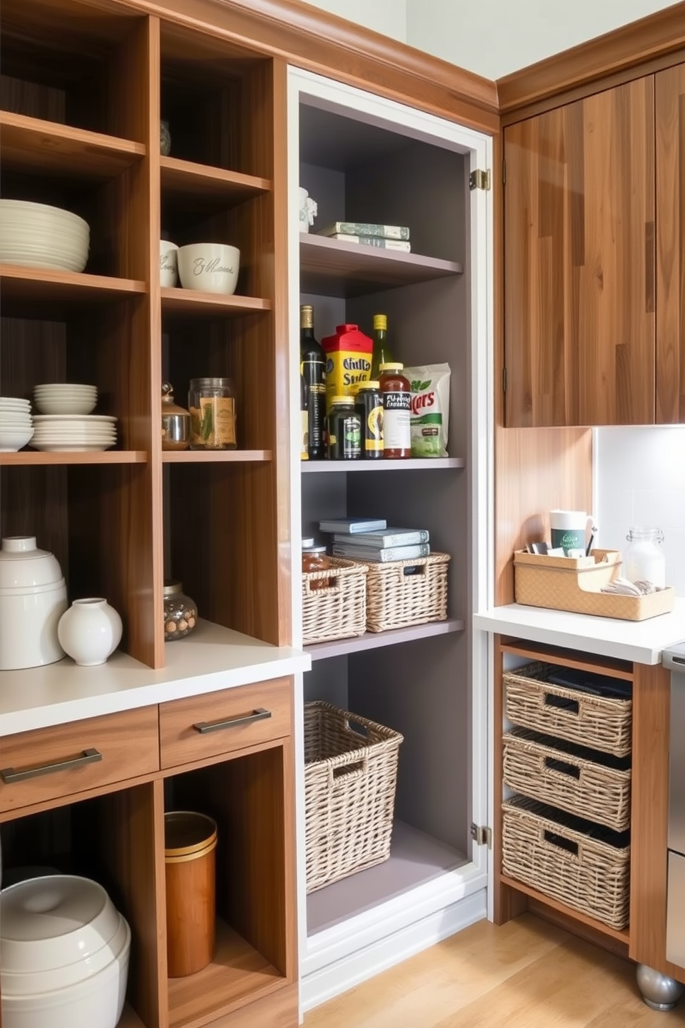 A stylish open pantry featuring pull-out baskets for hidden storage. The design includes a combination of open shelving and cabinetry, allowing easy access to frequently used items while keeping less attractive essentials neatly tucked away.