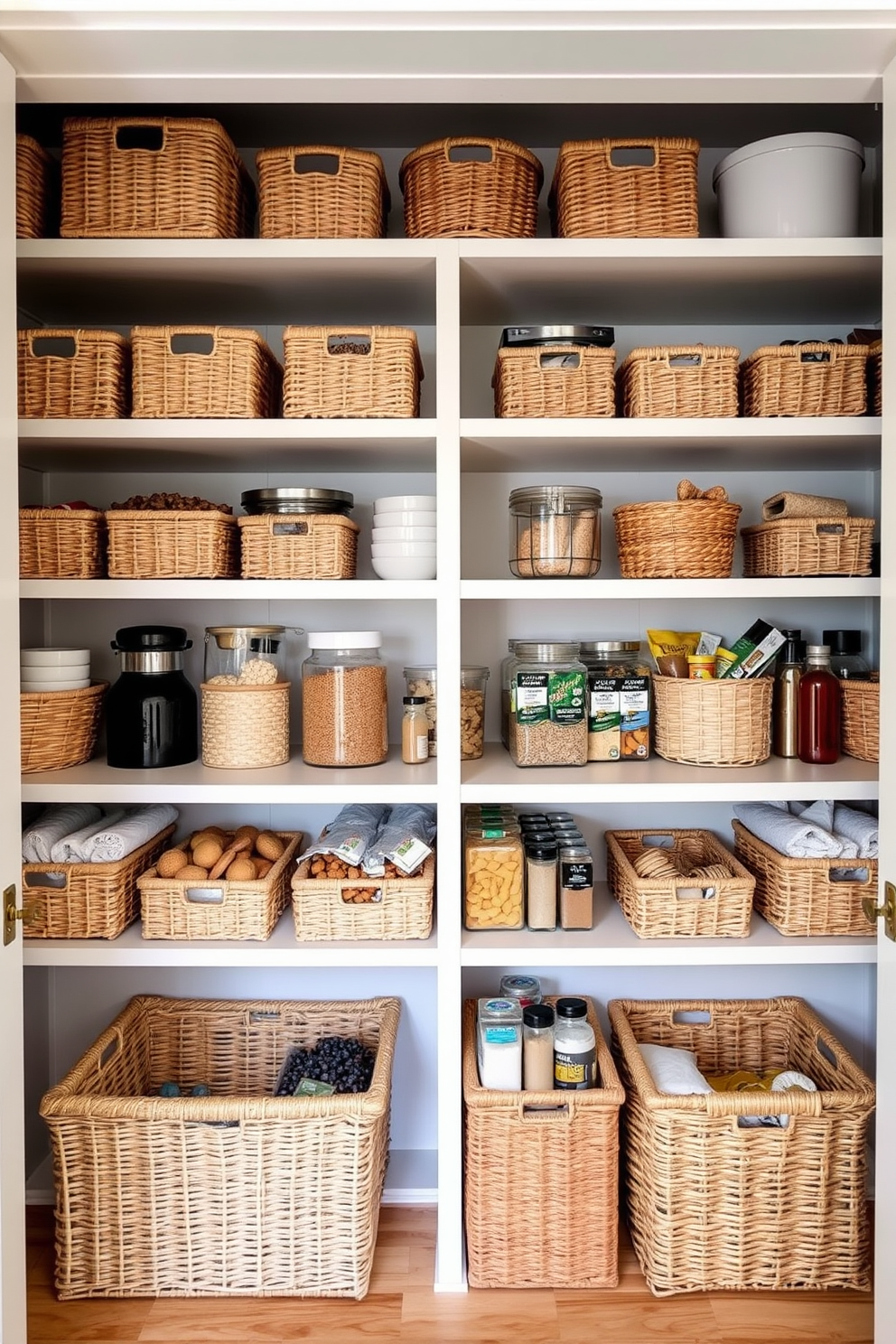 A cozy open pantry filled with decorative baskets that add texture and warmth to the space. The shelves are lined with various sizes of woven baskets, showcasing an organized collection of grains, snacks, and spices.