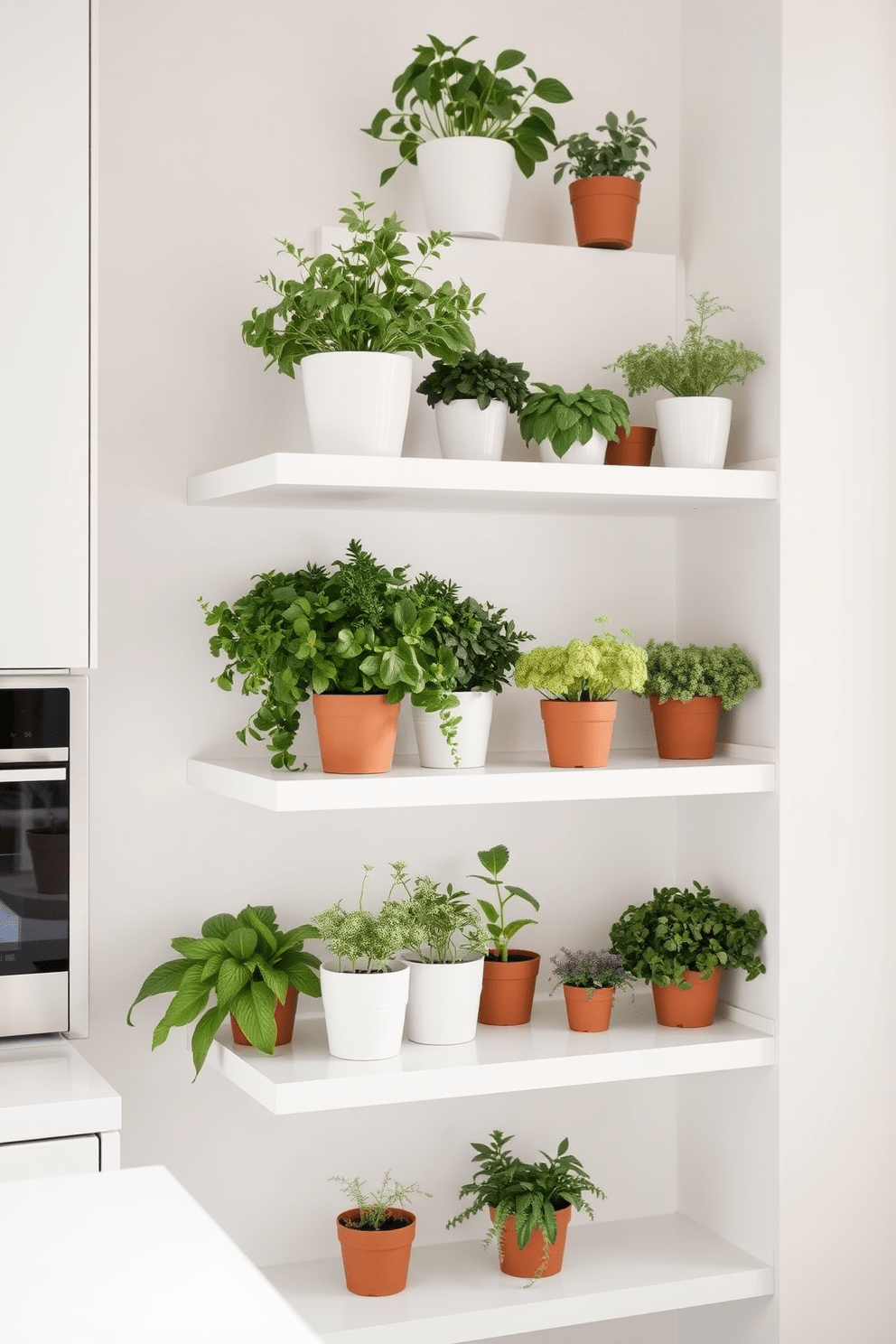 A sleek kitchen with minimalist white shelves showcasing a variety of potted herbs. The open shelves are arranged in a clean and organized manner, enhancing the airy feel of the space.