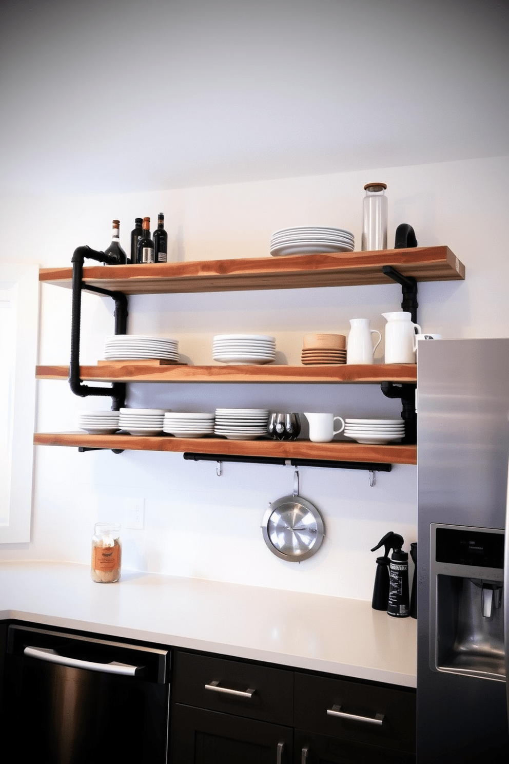 Industrial style shelves with pipe supports create a striking visual impact in a modern kitchen. The shelves are made of reclaimed wood and feature metal brackets, adding an edgy yet functional element to the space. These open shelves are perfect for displaying dishware and decorative items, enhancing the kitchen's aesthetic while providing easy access. The combination of raw materials and clean lines offers a stylish contrast to sleek kitchen appliances and cabinetry.