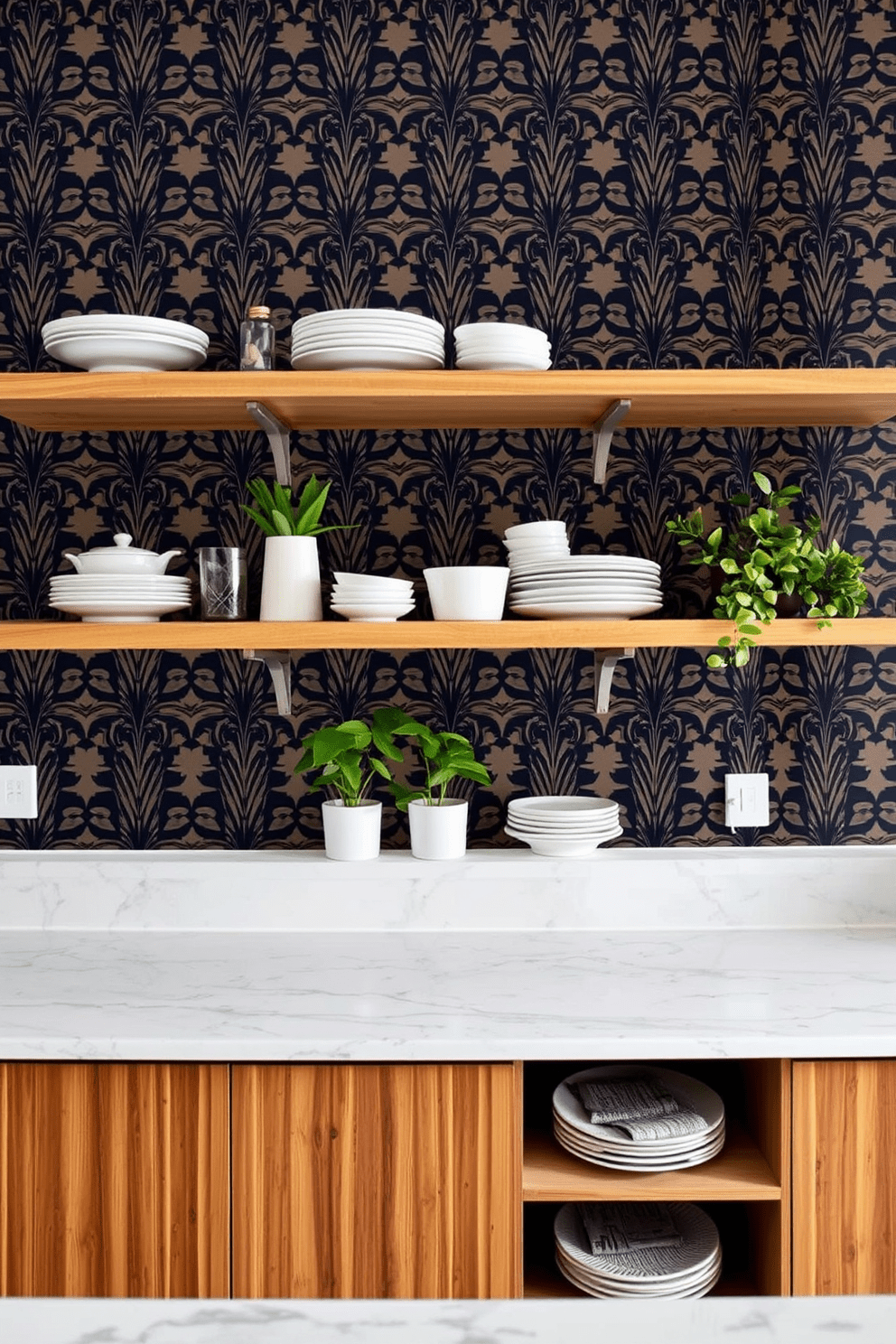 A spacious kitchen featuring bold wallpaper with a striking pattern that serves as a dramatic backdrop. The open shelves are made of natural wood, displaying a curated selection of stylish dishware and plants for a touch of greenery.