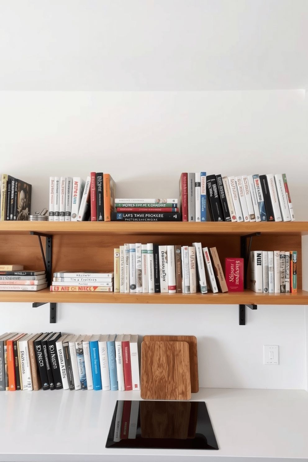 A modern kitchen featuring open shelves displaying an array of cookbooks in a stylish arrangement. The shelves are made of warm wood and are complemented by sleek metal brackets, creating a harmonious blend of materials.