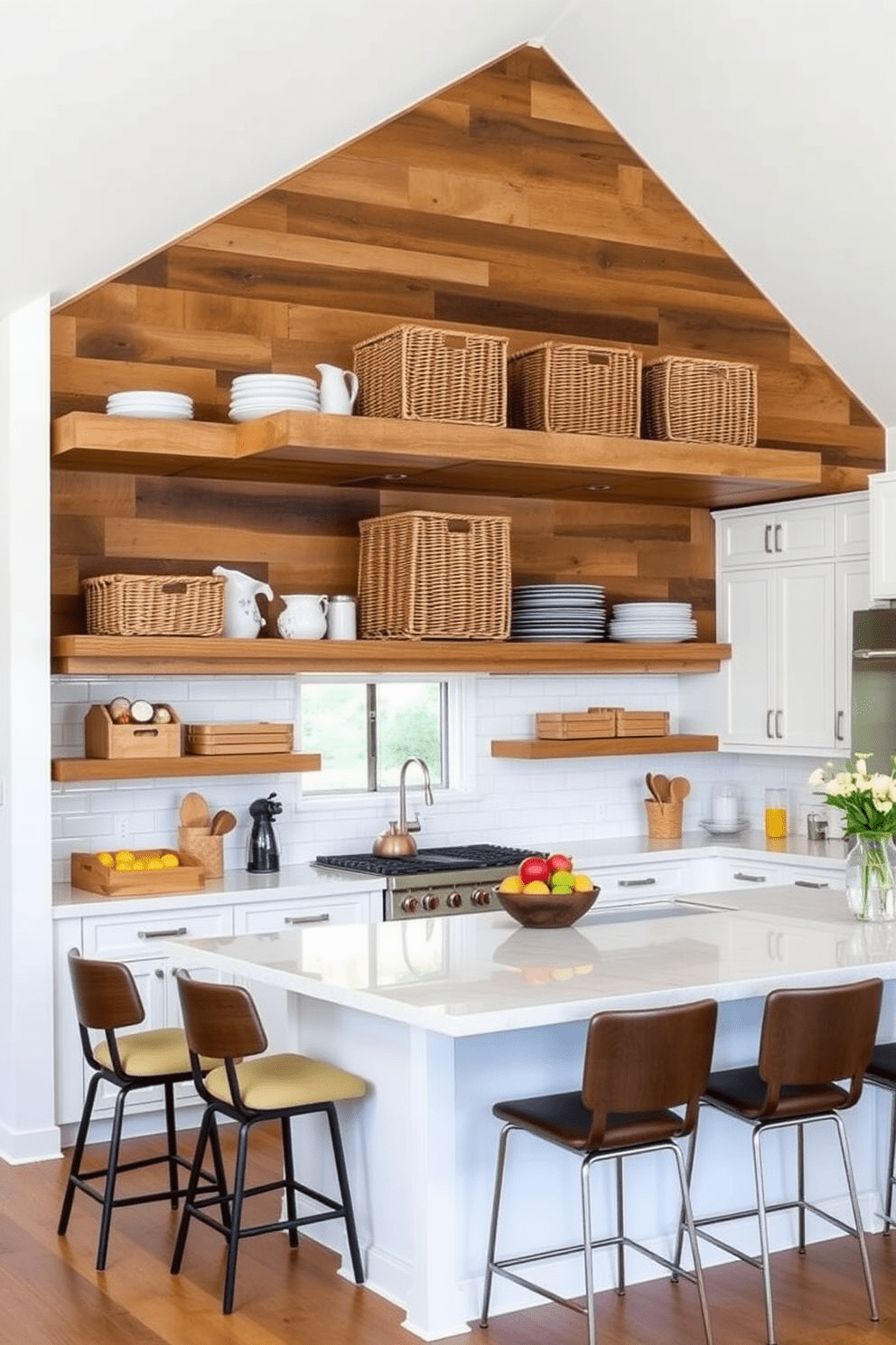 A modern kitchen featuring open shelves made of reclaimed wood. Wicker baskets are neatly arranged on the shelves, providing organized storage for fruits and kitchen essentials. The kitchen has a bright and airy feel with white cabinetry and stainless steel appliances. A large island with bar stools invites casual dining and socializing.