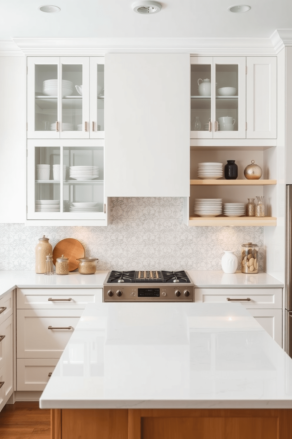 A modern kitchen featuring glass-front cabinets paired with open shelves. The cabinets are painted in a soft white, while the open shelves display an array of stylish dishware and decorative items. The countertops are made of sleek quartz, providing a clean and polished look. A warm wood island sits in the center, offering additional prep space and seating for casual dining.