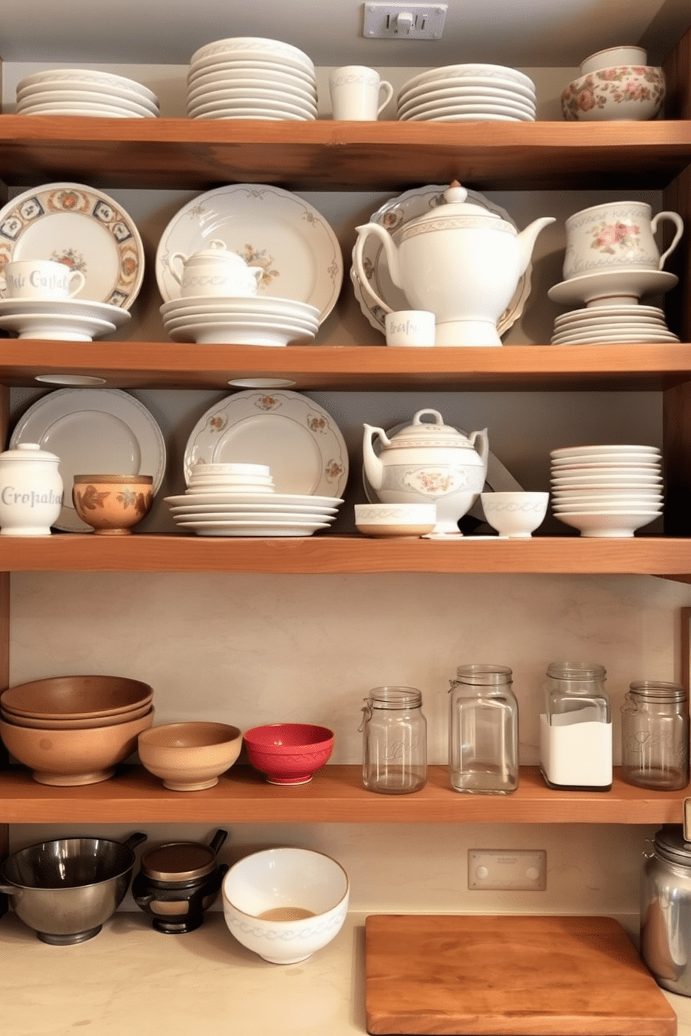 Elegant china is beautifully arranged on open shelves, showcasing a mix of delicate porcelain and vibrant ceramics. Below, everyday items like rustic bowls and glass jars add a touch of warmth and practicality to the kitchen space. The shelves are crafted from reclaimed wood, enhancing the kitchen's charm and character. A soft, neutral backsplash complements the display, creating a harmonious balance between elegance and functionality.