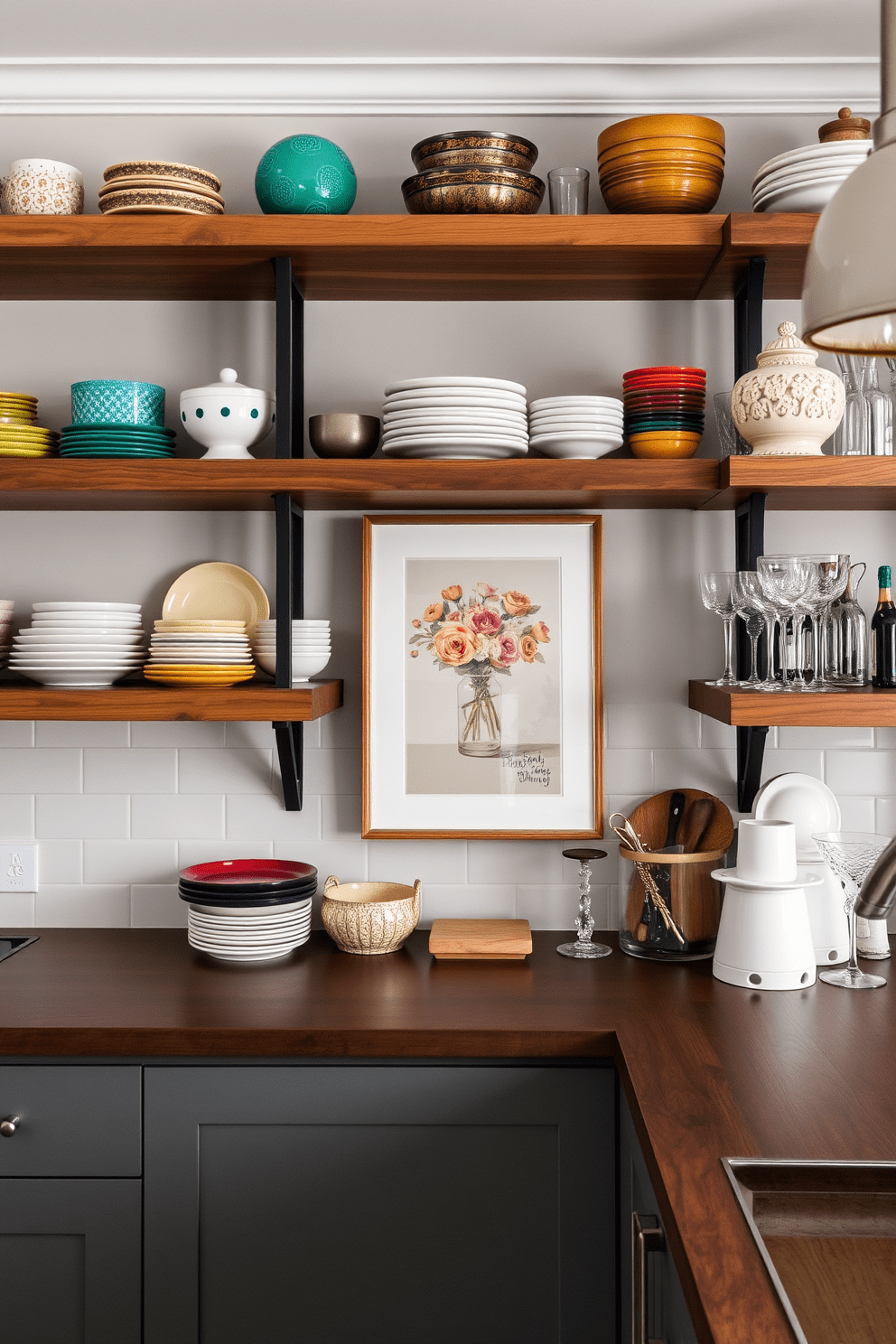 A stylish open shelves kitchen featuring a blend of modern and rustic elements. Artwork is creatively displayed between an array of kitchenware, including colorful dishes and elegant glassware.